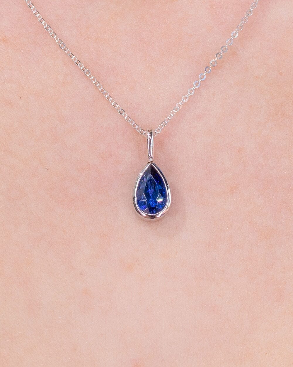 1.11ct Lab Sapphire Pear Bezel Necklace 14k White Gold Necklaces Princess Bride Diamonds