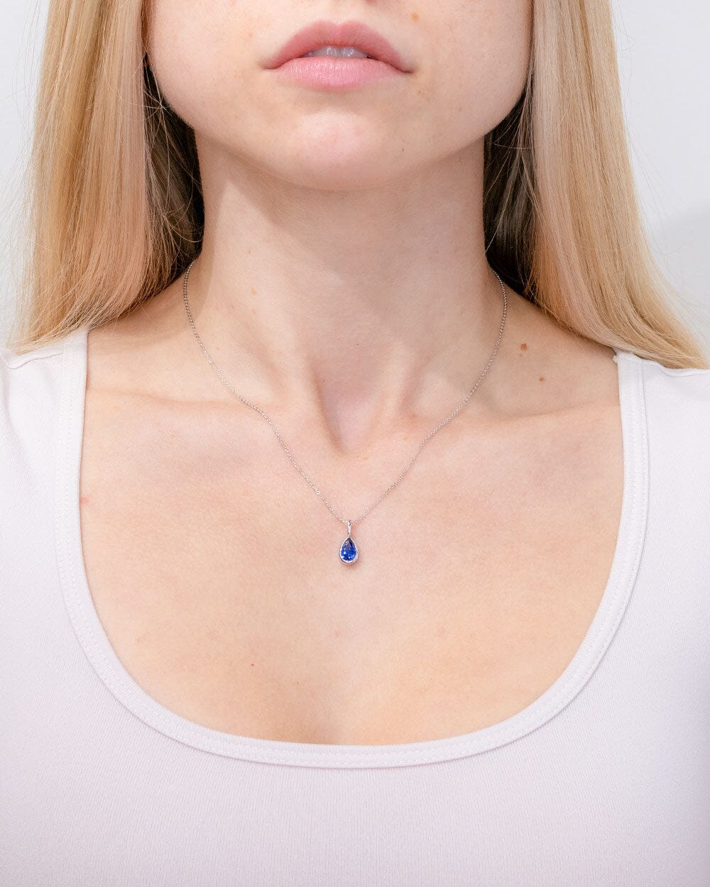 1.11ct Lab Sapphire Pear Bezel Necklace 14k White Gold Necklaces Princess Bride Diamonds