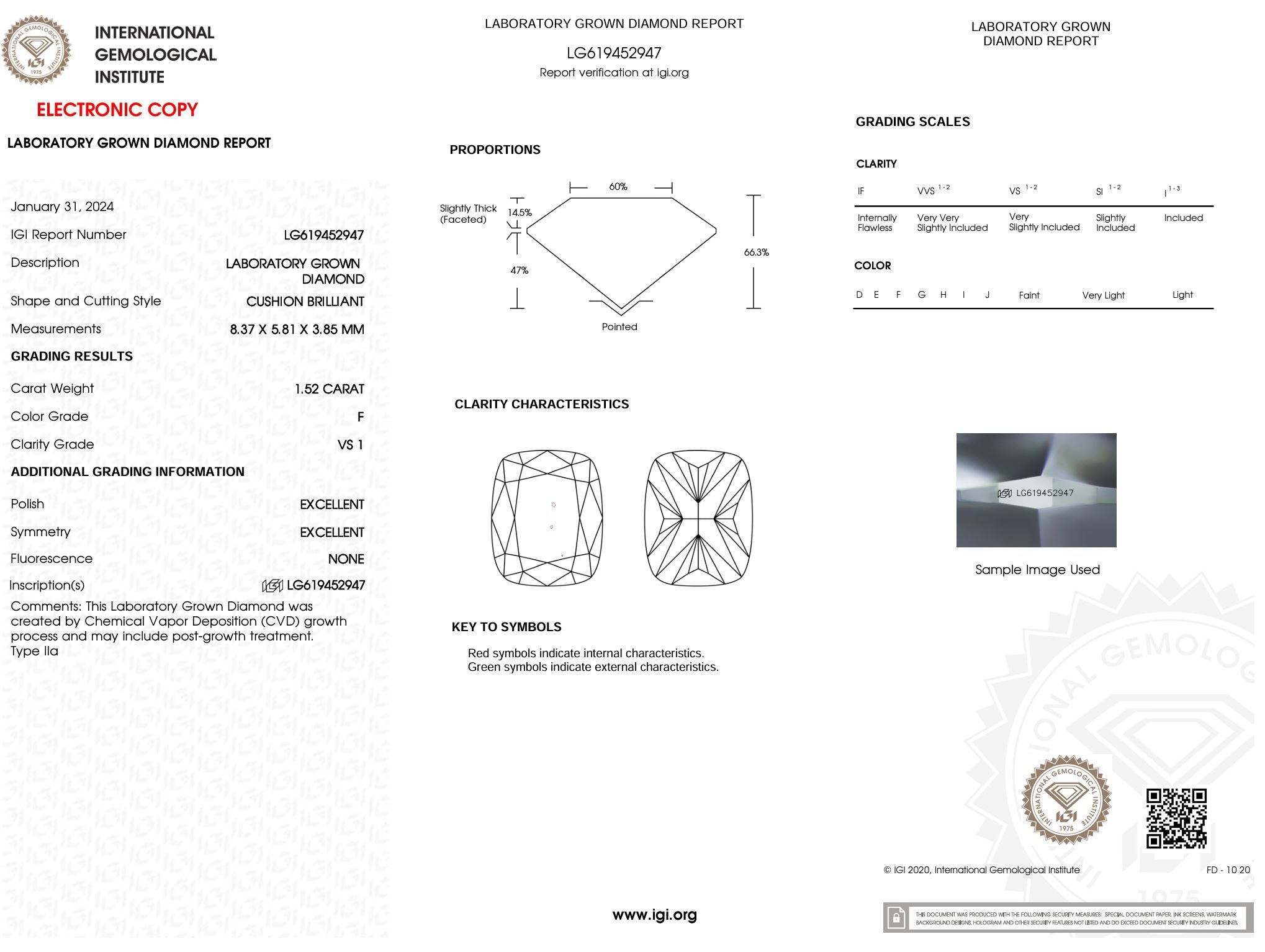 1.52 Carat F-VS1 Elongated Cushion Lab Grown Diamond - IGI (#5205) Loose Diamond Princess Bride Diamonds 