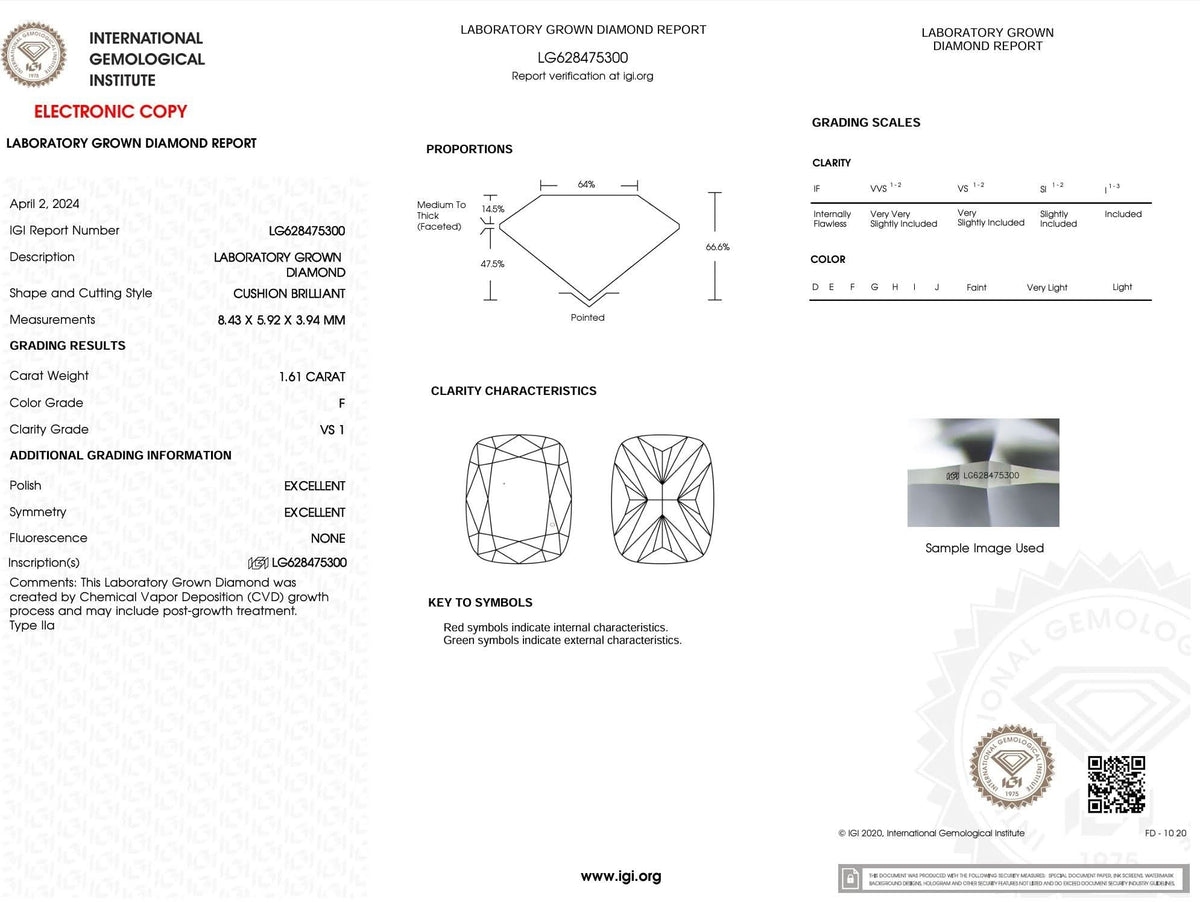 1.61 Carat F - VS1 Elongated Cushion Lab Grown Diamond - IGI (5281) - PBD Loose Diamond