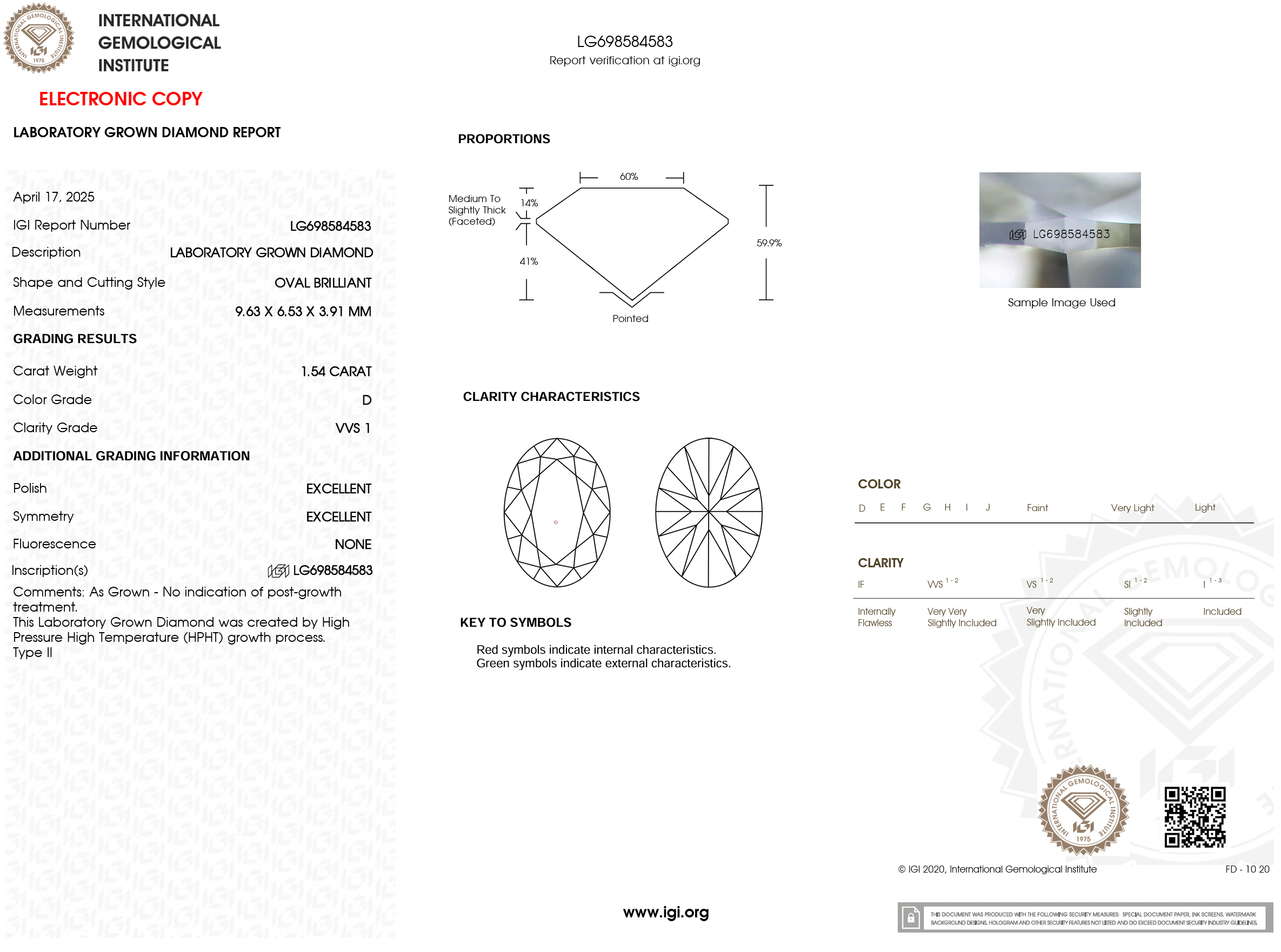 1.54 Carat D-VVS1 Oval Lab Grown Diamond - IGI (#54361)