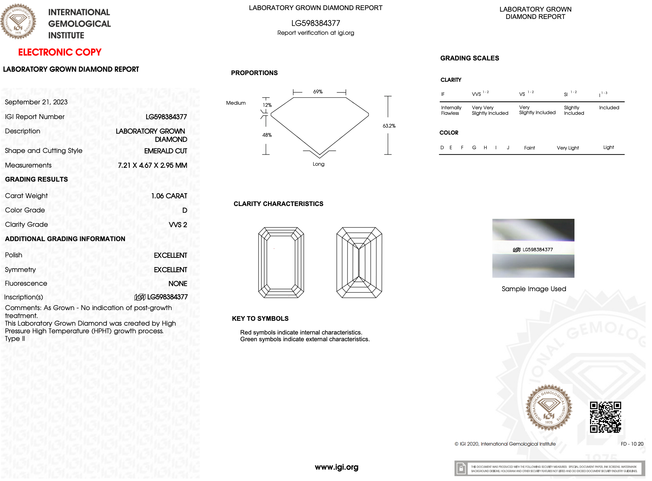 1.06 Carat D-VVS2 Emerald Lab Grown Diamond - IGI (#121998)