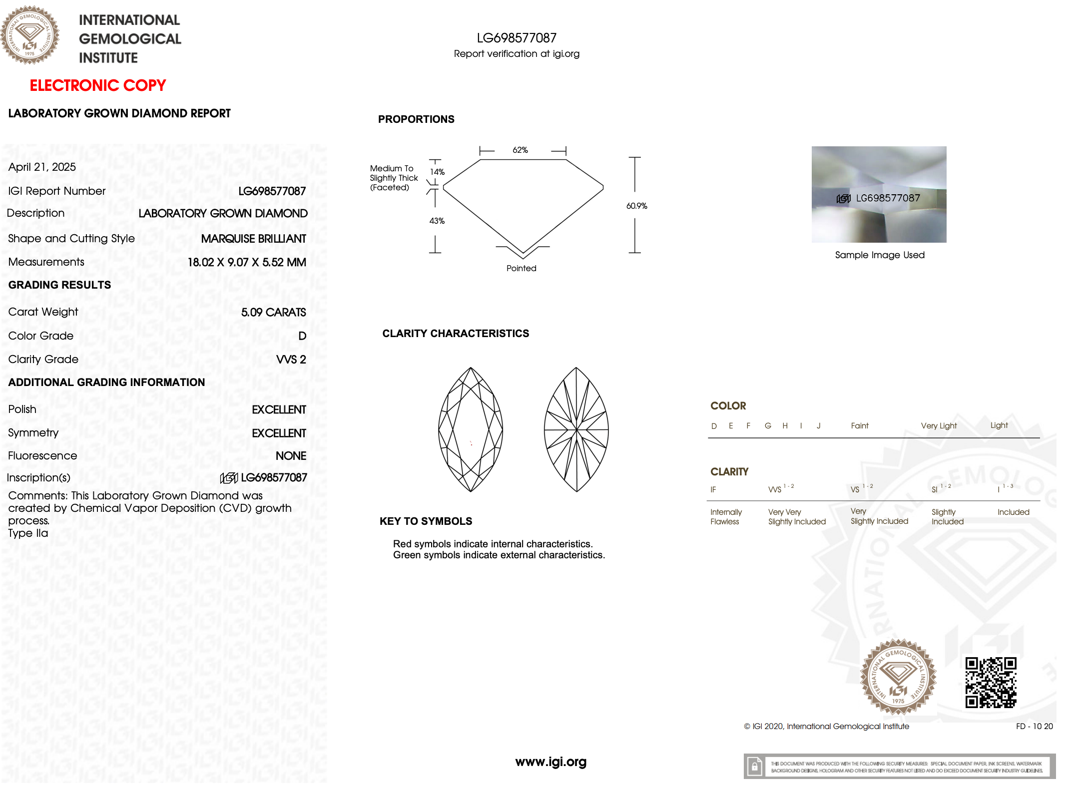 5.09 Carat D-VVS2 Marquise Lab Grown Diamond - IGI (#122003)