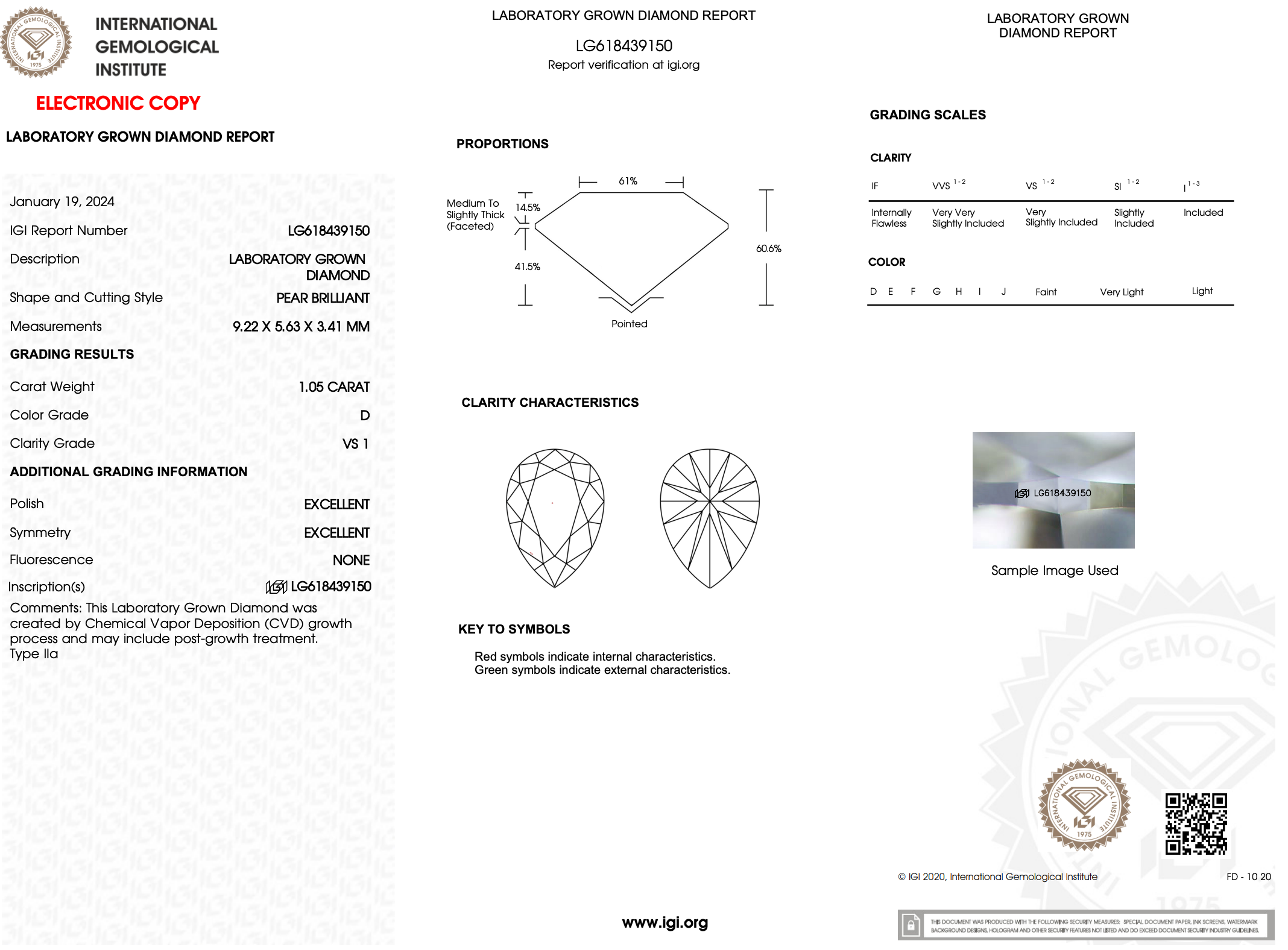 1.05 Carat D-VS1 Pear Lab Grown Diamond - IGI (#122009)