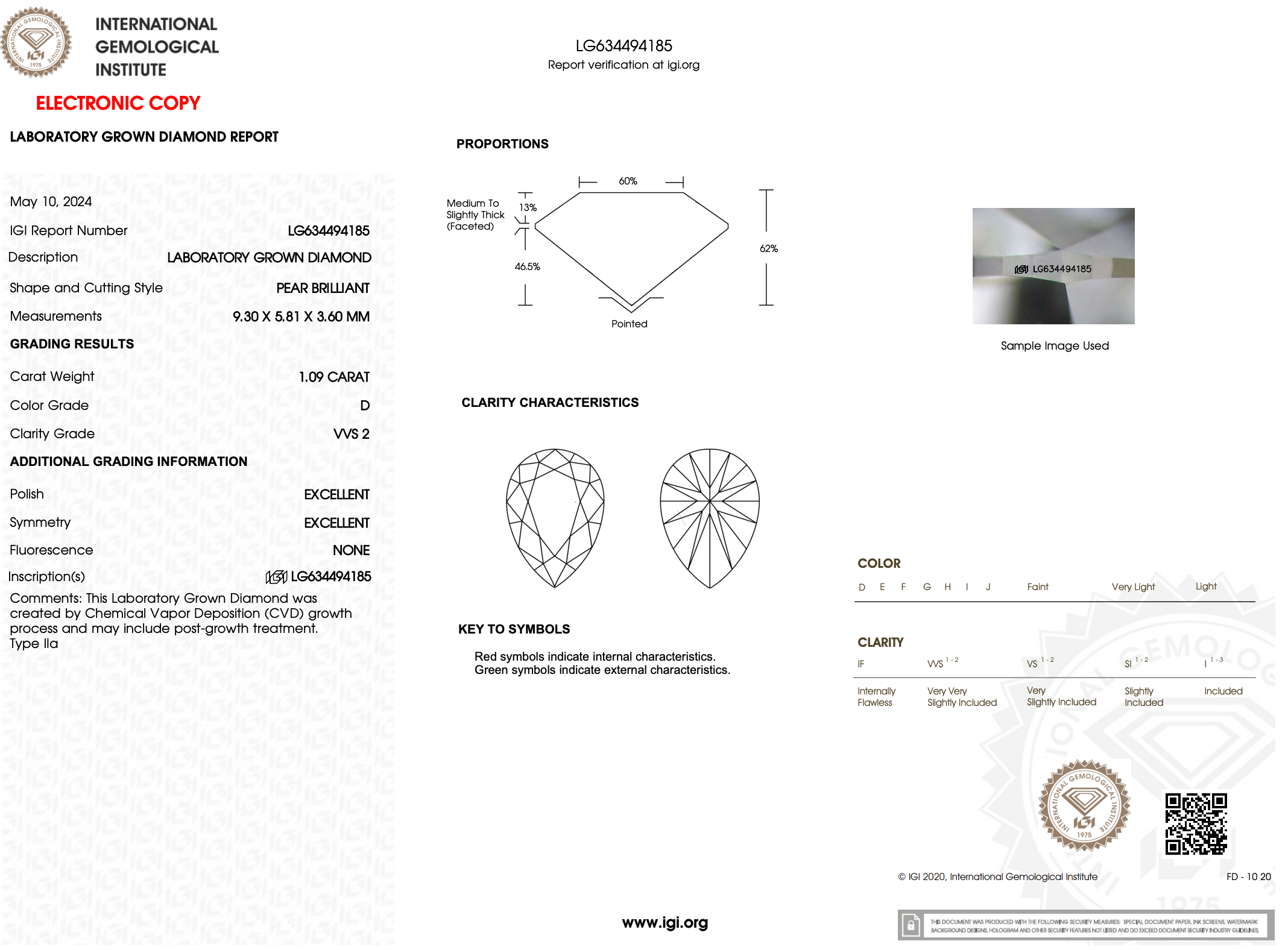 1.09 Carat D-VVS2 Pear Lab Grown Diamond - IGI (#122011)