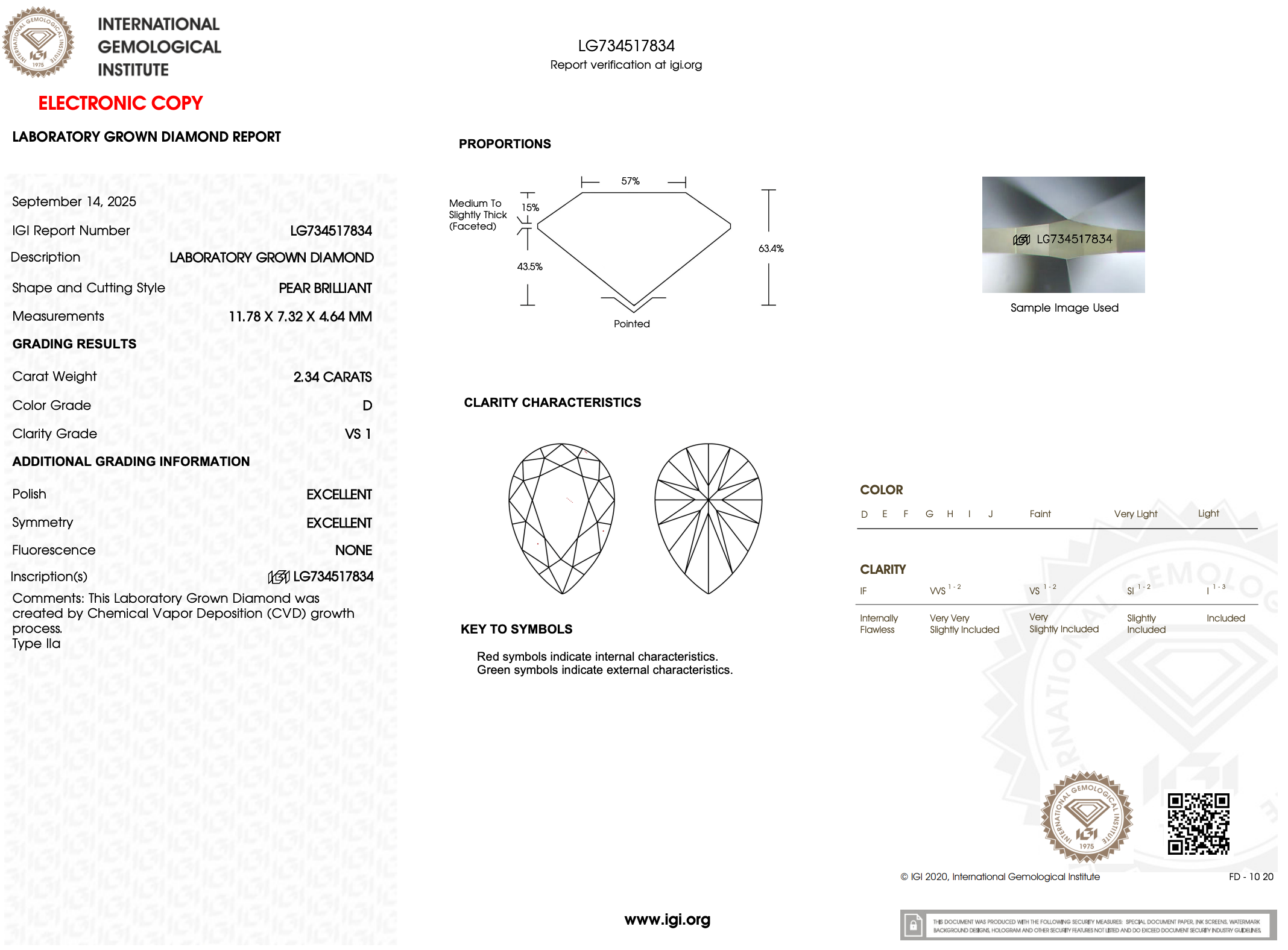 2.34 Carat D-VS1 Pear Lab Grown Diamond - IGI (#122015)