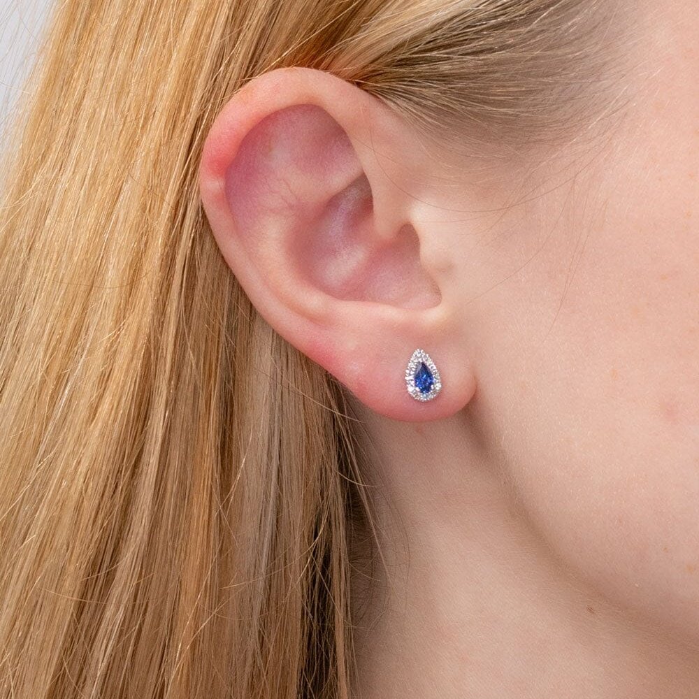 Blue Sapphire & Diamond Halo Studs Earrings Princess Bride Diamonds
