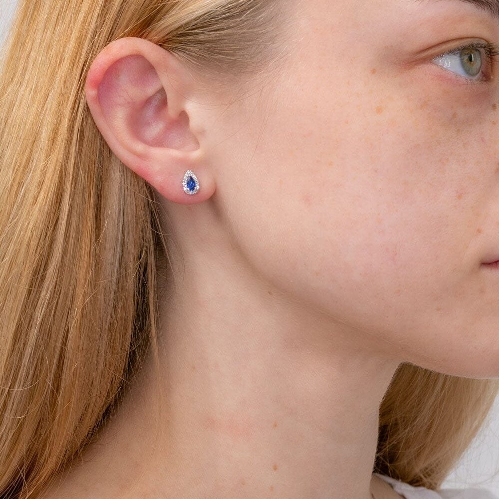 Blue Sapphire & Diamond Halo Studs Earrings Princess Bride Diamonds