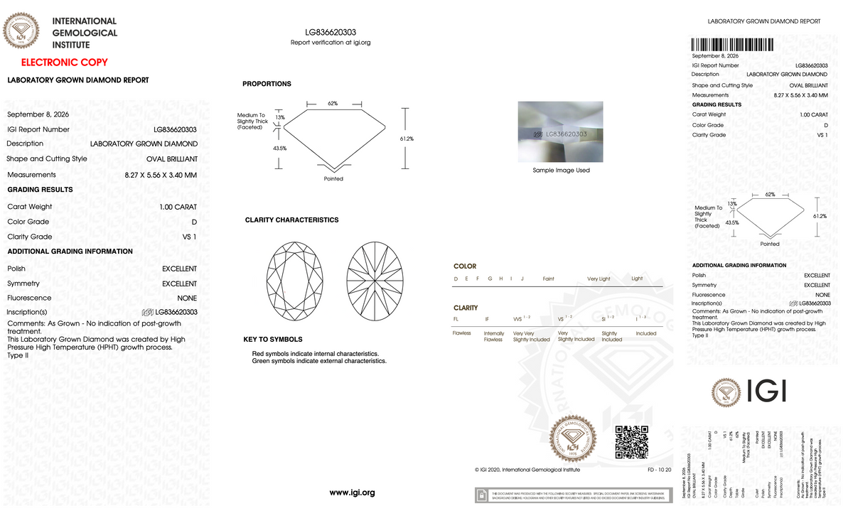 1.00 Carat D-VS1 Oval Lab Grown Diamond - IGI (#129000)