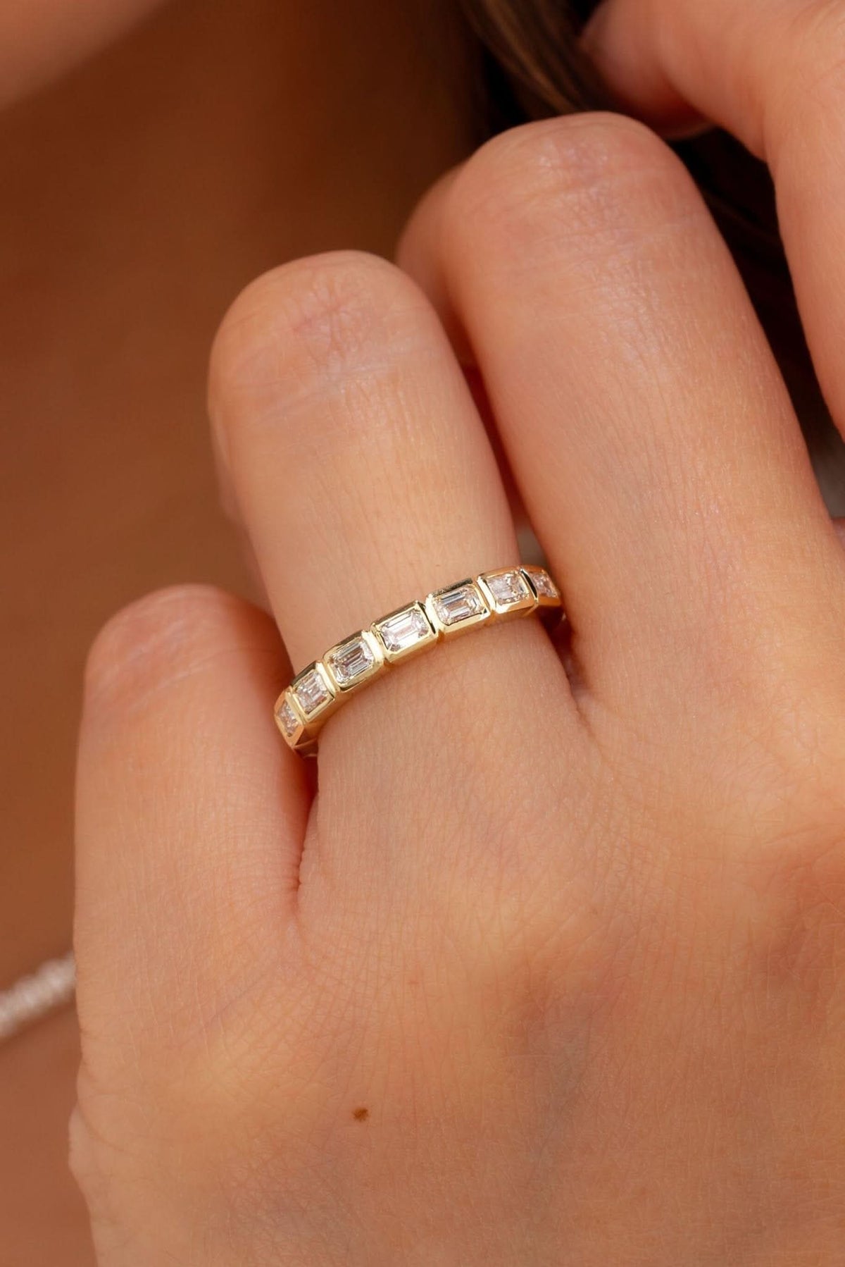 East - West Emerald Bezel Diamond Ring - PBD Rings