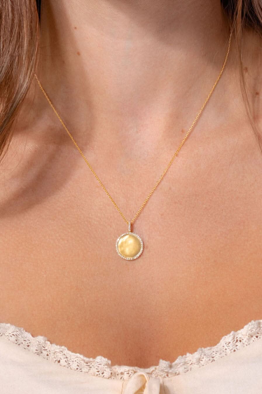Pavé Diamond Border Engravable Round Pendant - PBD Necklaces