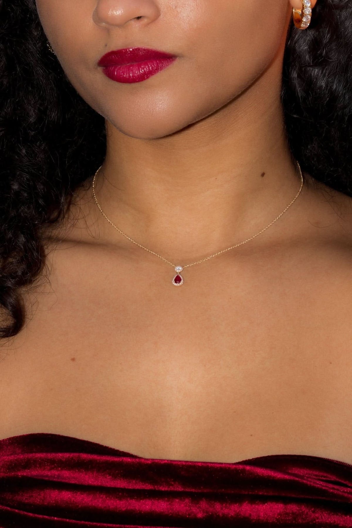 Pear Ruby Diamond Halo Drop Necklace - PBD Necklaces
