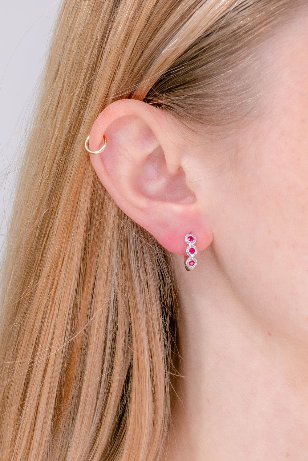 Ruby & Diamond Halo Huggies Earrings Princess Bride Diamonds