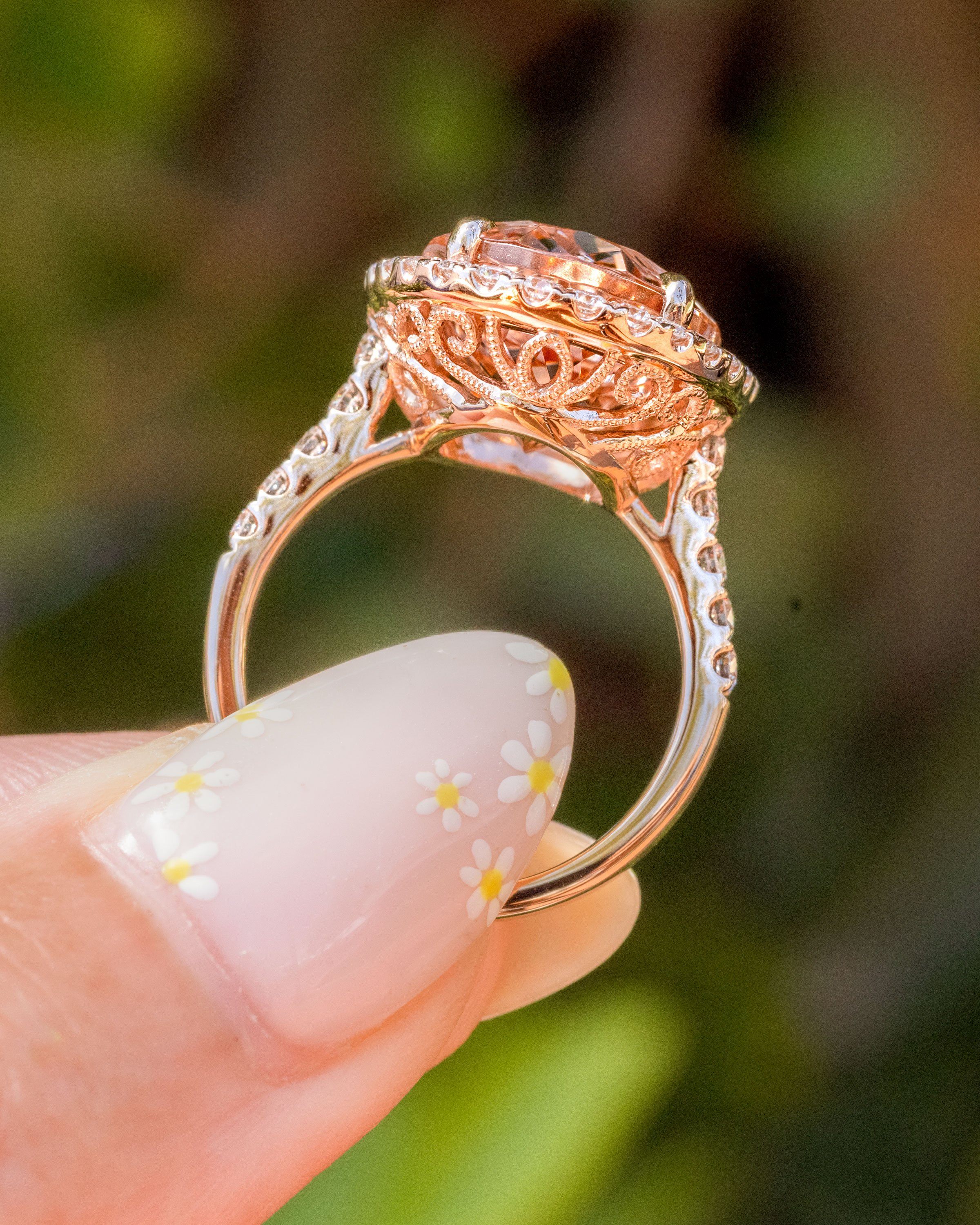 9.43ct Oval Peach Pink Morganite Ring with Filigree Engagement Rings Princess Bride Diamonds