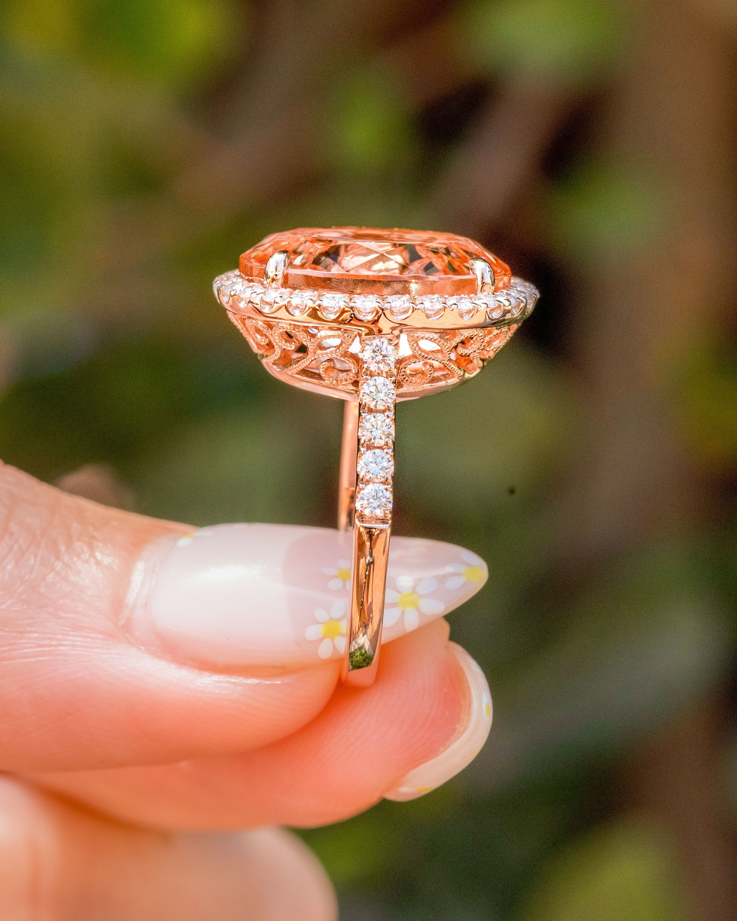 9.43ct Oval Peach Pink Morganite Ring with Filigree Engagement Rings Princess Bride Diamonds