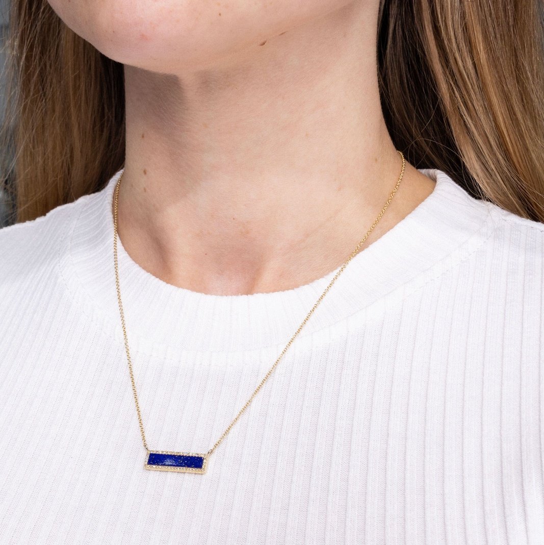 Lapis Inlay Bar Necklace with Pavé Diamond Halo Necklaces Princess Bride Diamonds