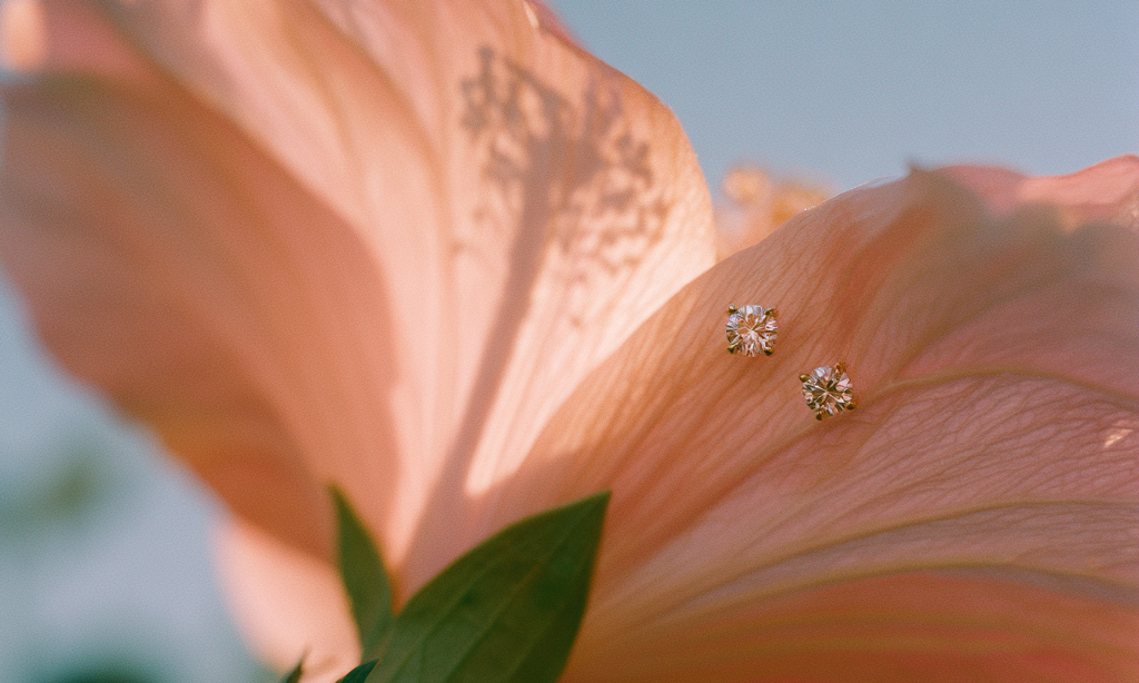 Two small silver stud earrings with clear stones resting on the petals of a soft peach-pink flower against a pale blue sky.