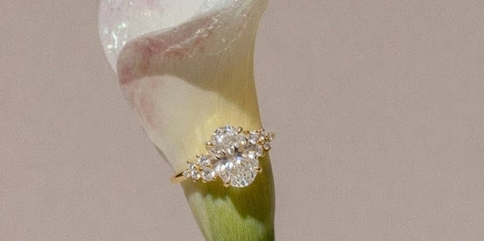 Nova Oval Cluster style engagement ring in yellow gold on calla lily flower