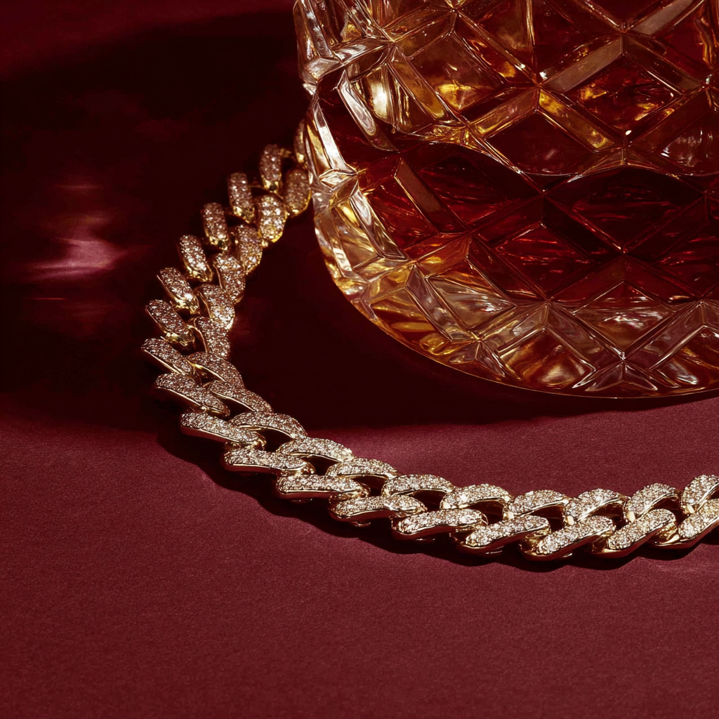 diamond cuban necklace next to whiskey glass