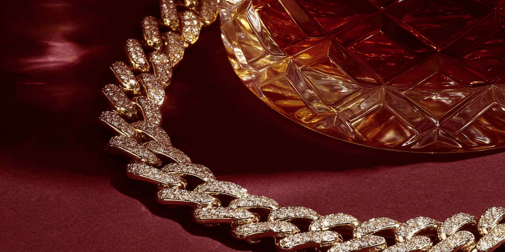 diamond cuban necklace next to whiskey glass