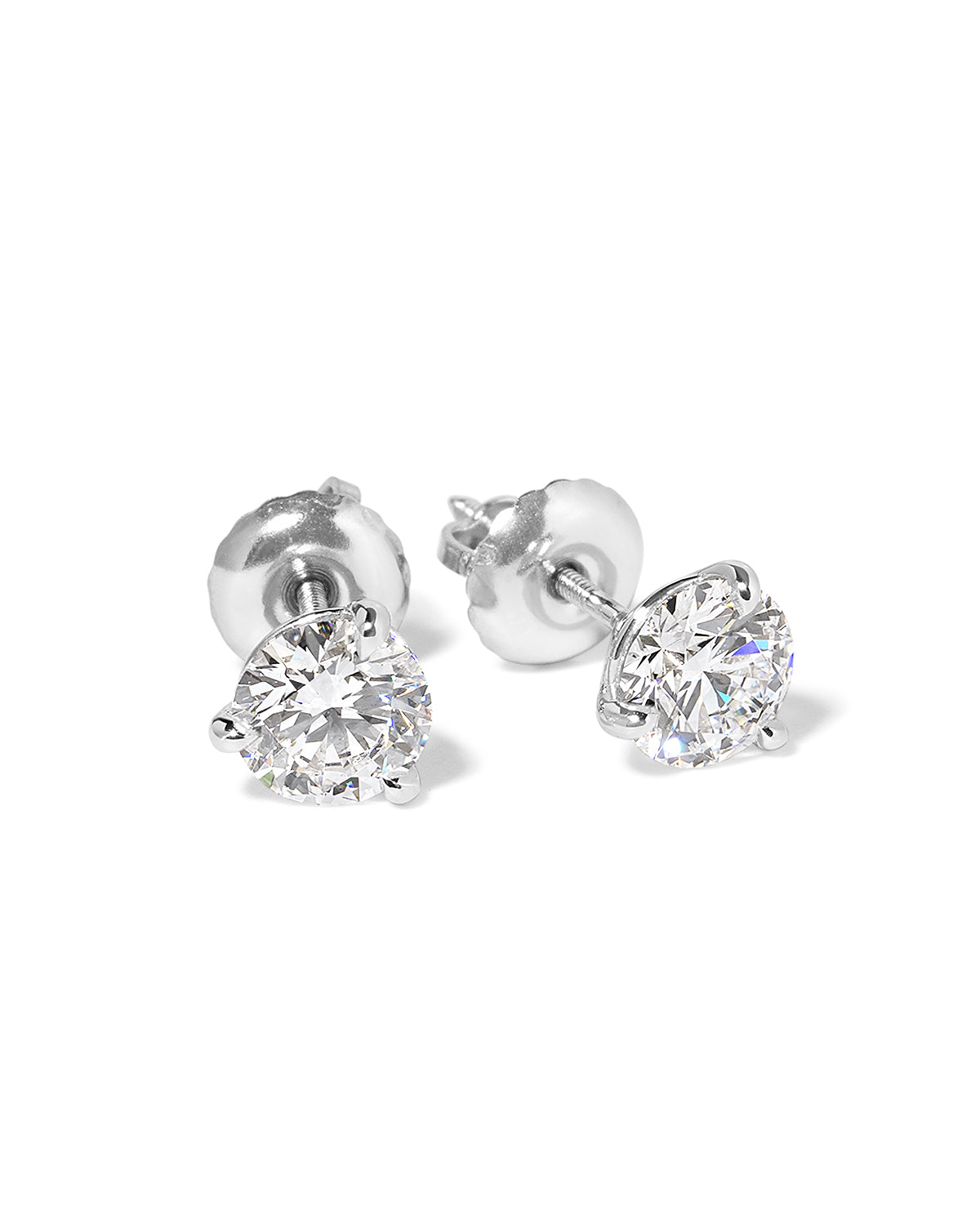 Round lab diamond martini studs with screw backings set in 14k white gold at Princess Bride Diamonds in Huntington Beach California 