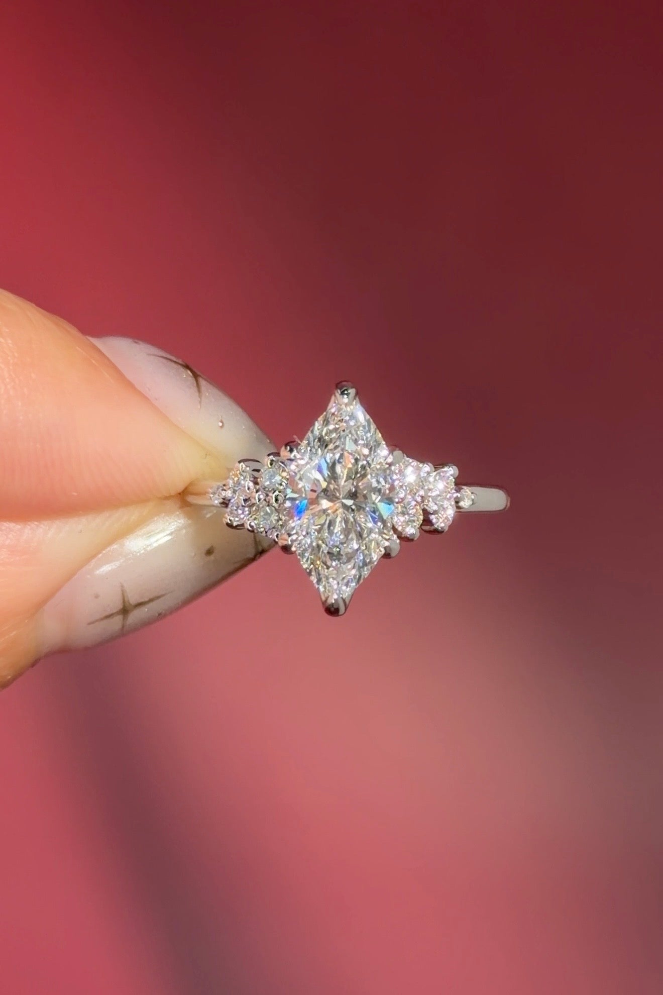 marquise lab diamond white gold engagement ring side stone nature inspired