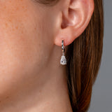 1.94ct D-VS1 Lab Diamond Pear Drop Hoops White Gold high polish with seamless snap closure at princess bride diamonds in huntington beach california on model 