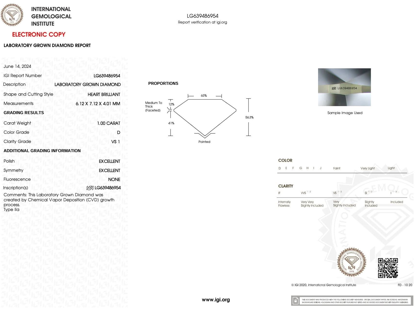 1.00 Carat D - VS1 Heart Lab Grown Diamond - IGI (5648) - PBD Loose Diamond