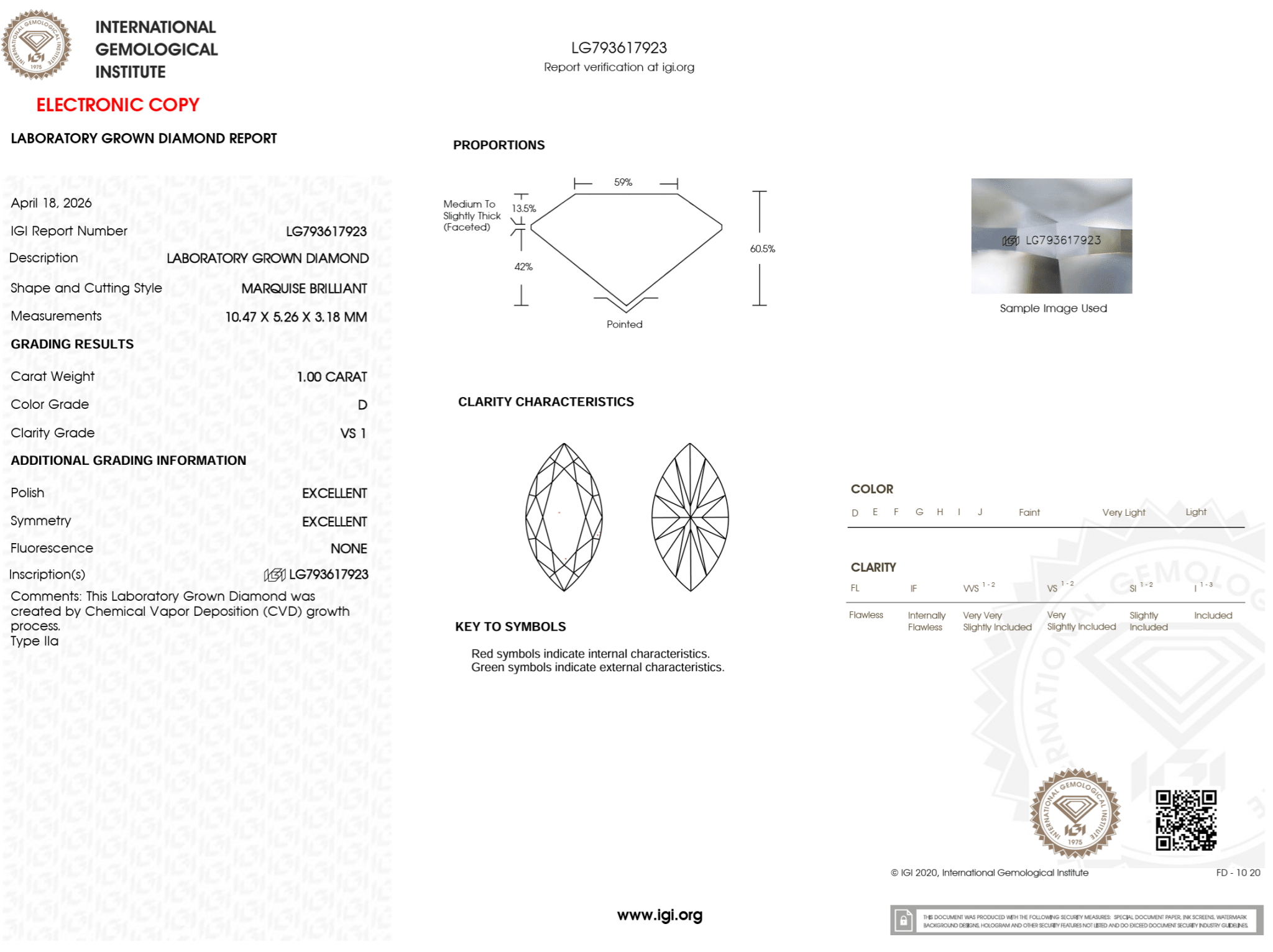 1.00 Carat D - VS1 Marquise Lab Grown Diamond - IGI (125892) - PBD Loose Diamond