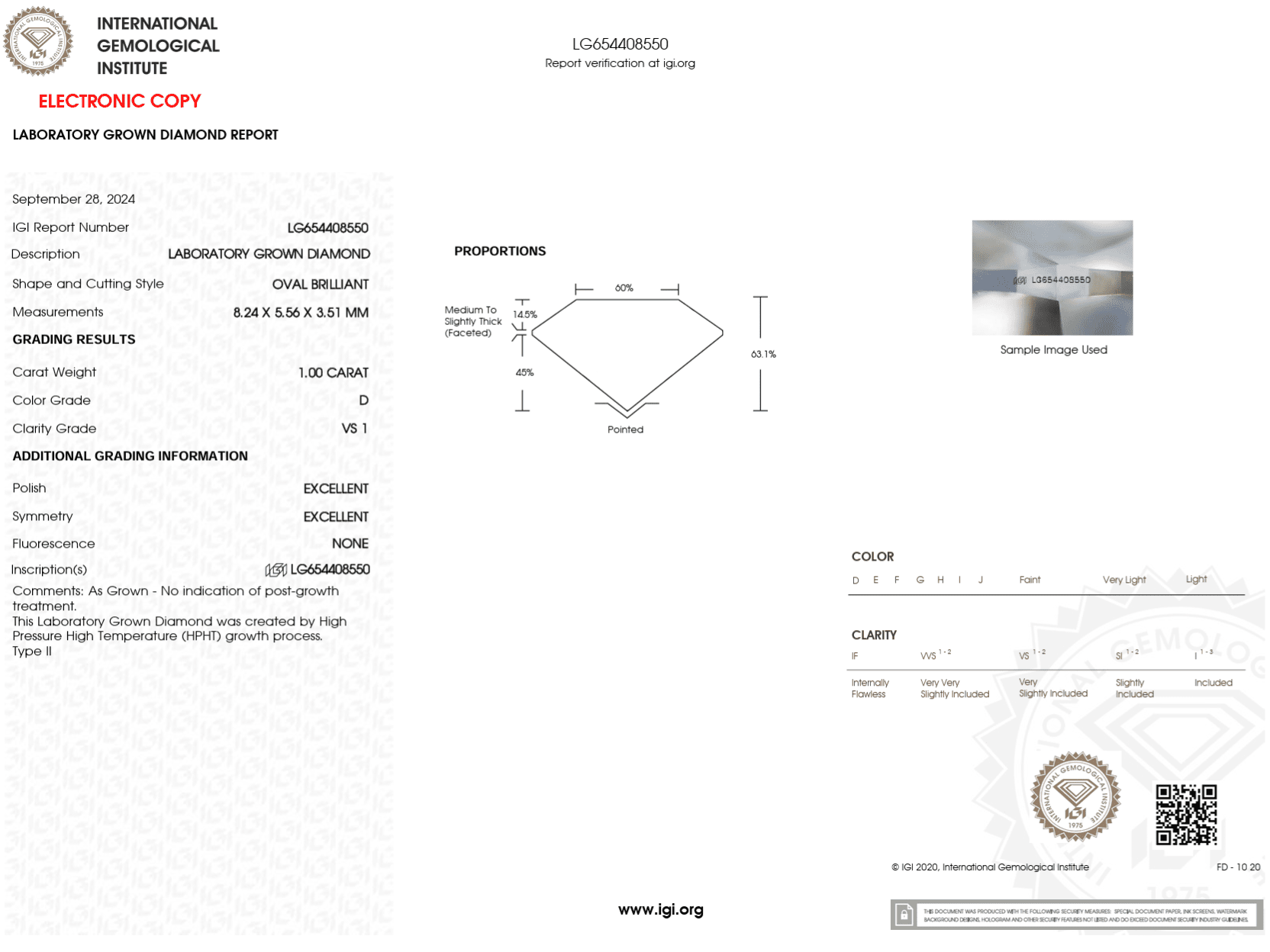1.00 Carat D - VS1 Oval Lab Grown Diamond - IGI (122665) - PBD Loose Diamond