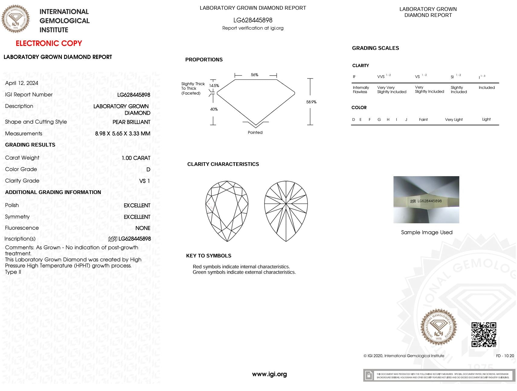 1.00 Carat D-VS1 Pear Lab Grown Diamond - IGI (#5414) Loose Diamond Princess Bride Diamonds 