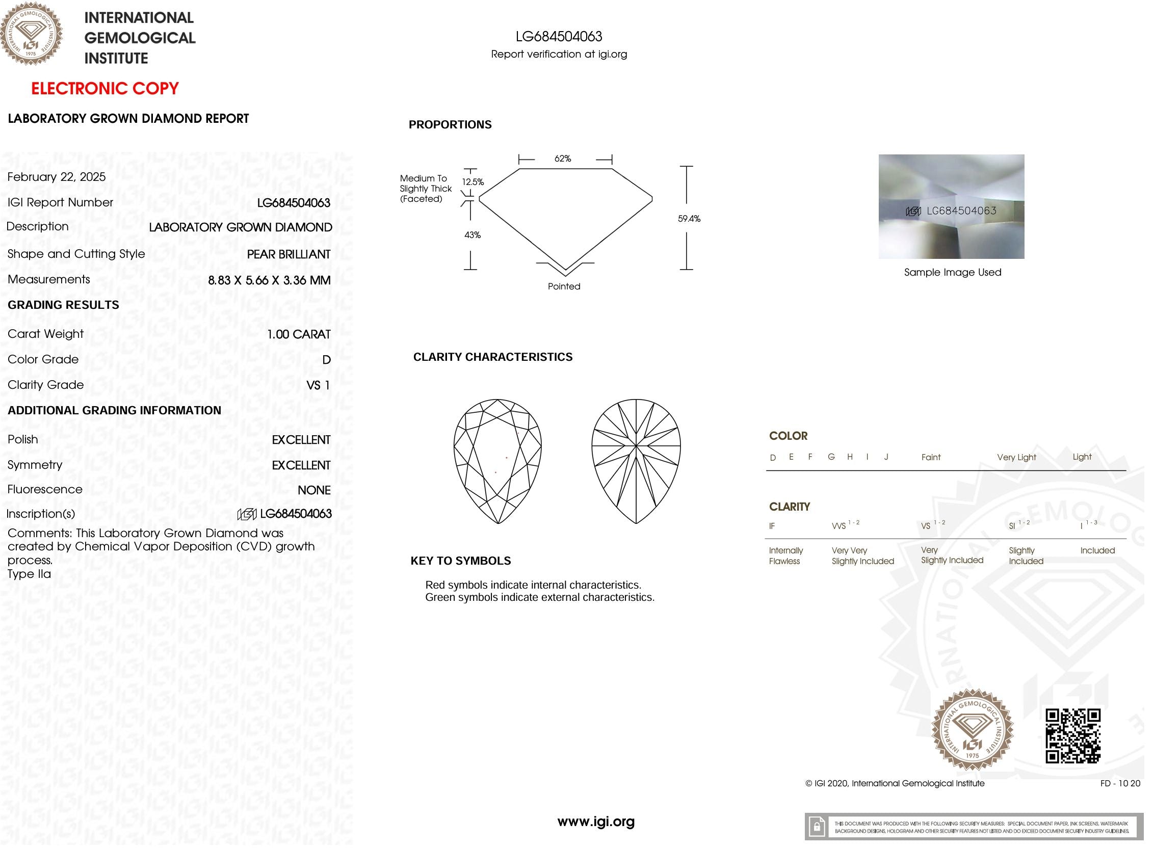 1.00 Carat D-VS1 Pear Lab Grown Diamond - IGI (#54270) Loose Diamond Princess Bride Diamonds 