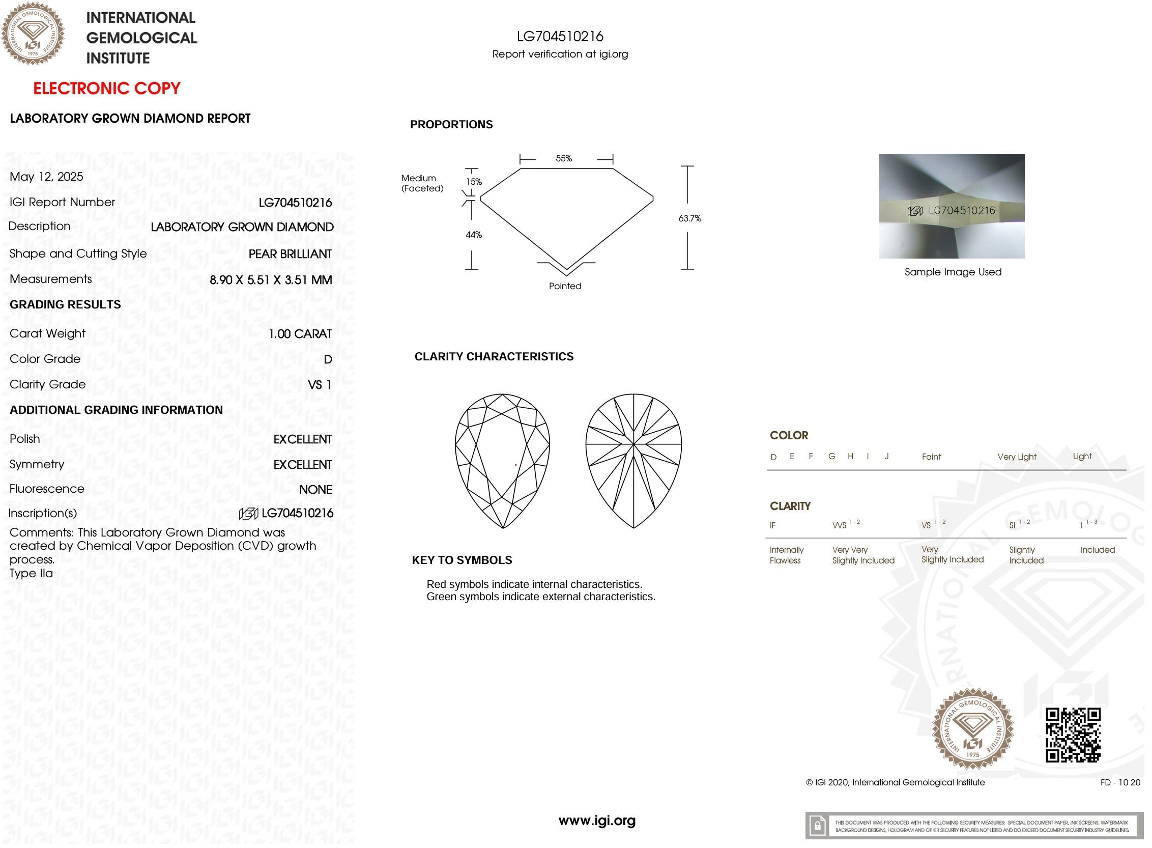 1.00 Carat D-VS1 Pear Lab Grown Diamond - IGI (#54271) Loose Diamond Princess Bride Diamonds 