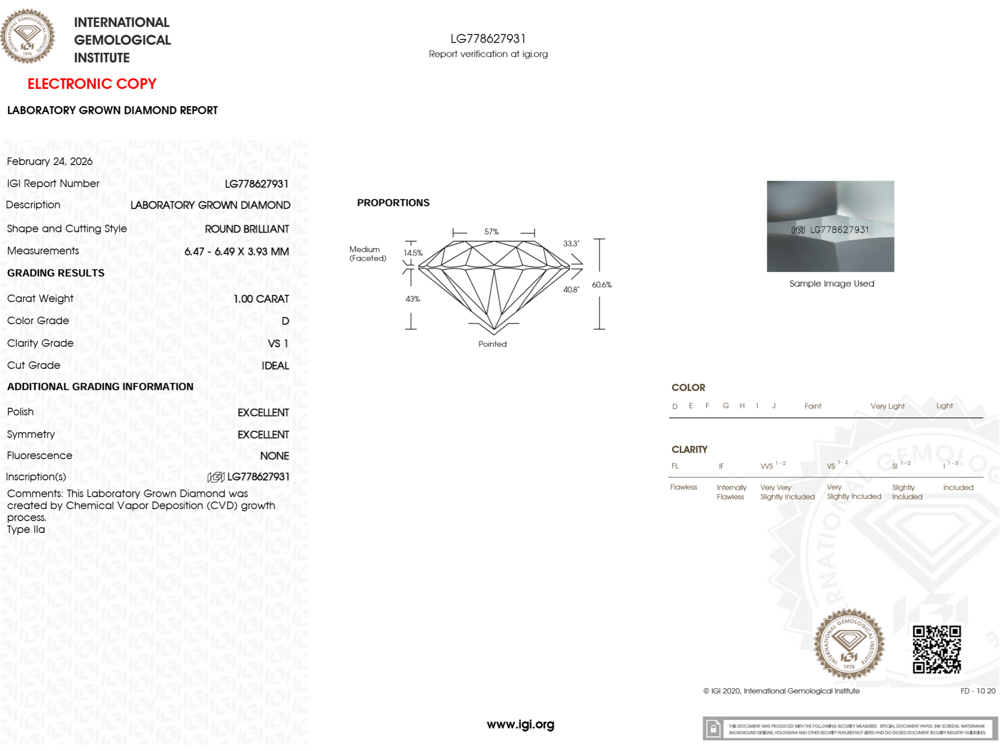 1.00 Carat D - VS1 Round Lab Grown Diamond - IGI (125031) - PBD Loose Diamond