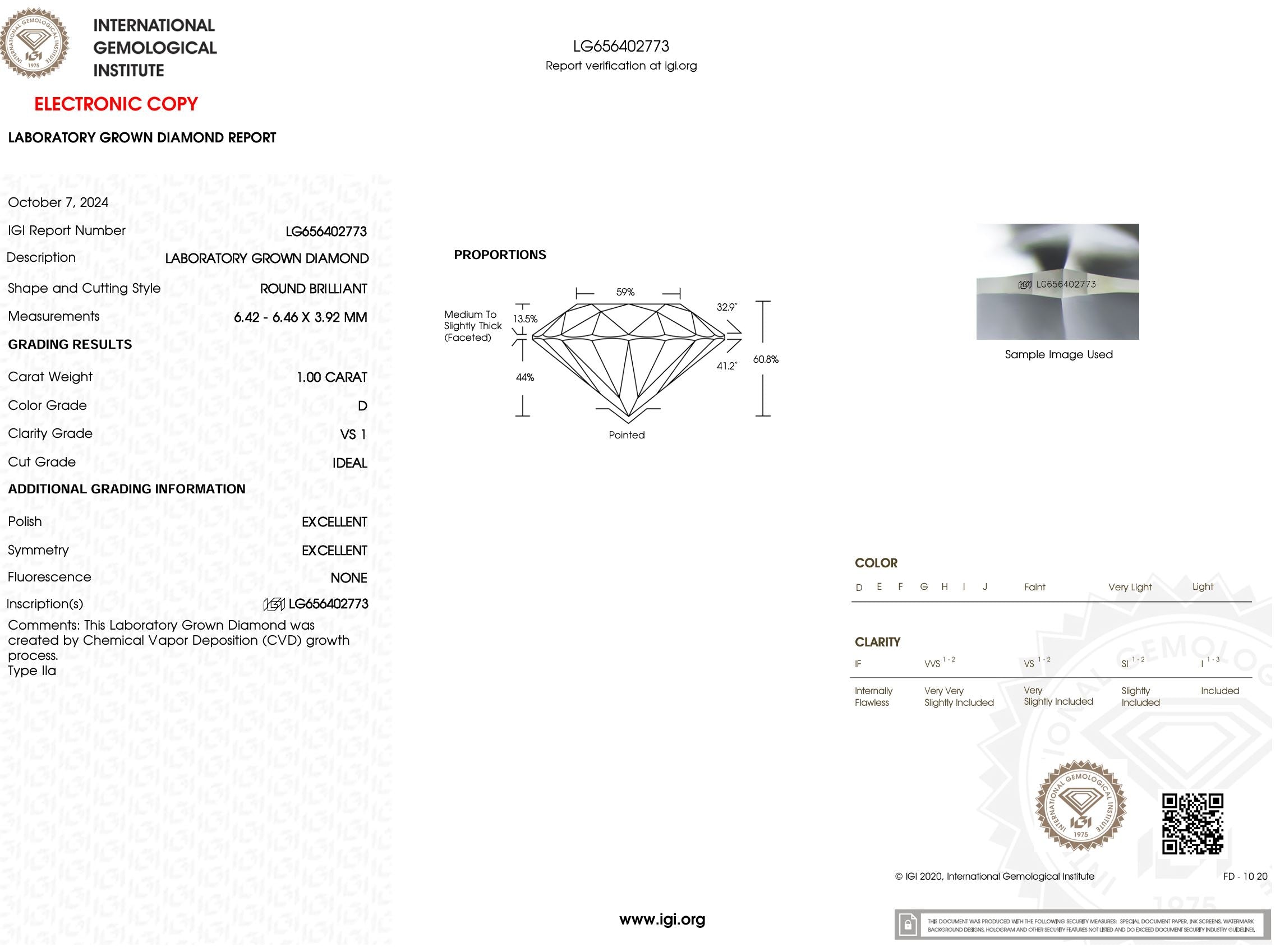 1.00 Carat D-VS1 Round Lab Grown Diamond - IGI (#51006) Loose Diamond Princess Bride Diamonds 