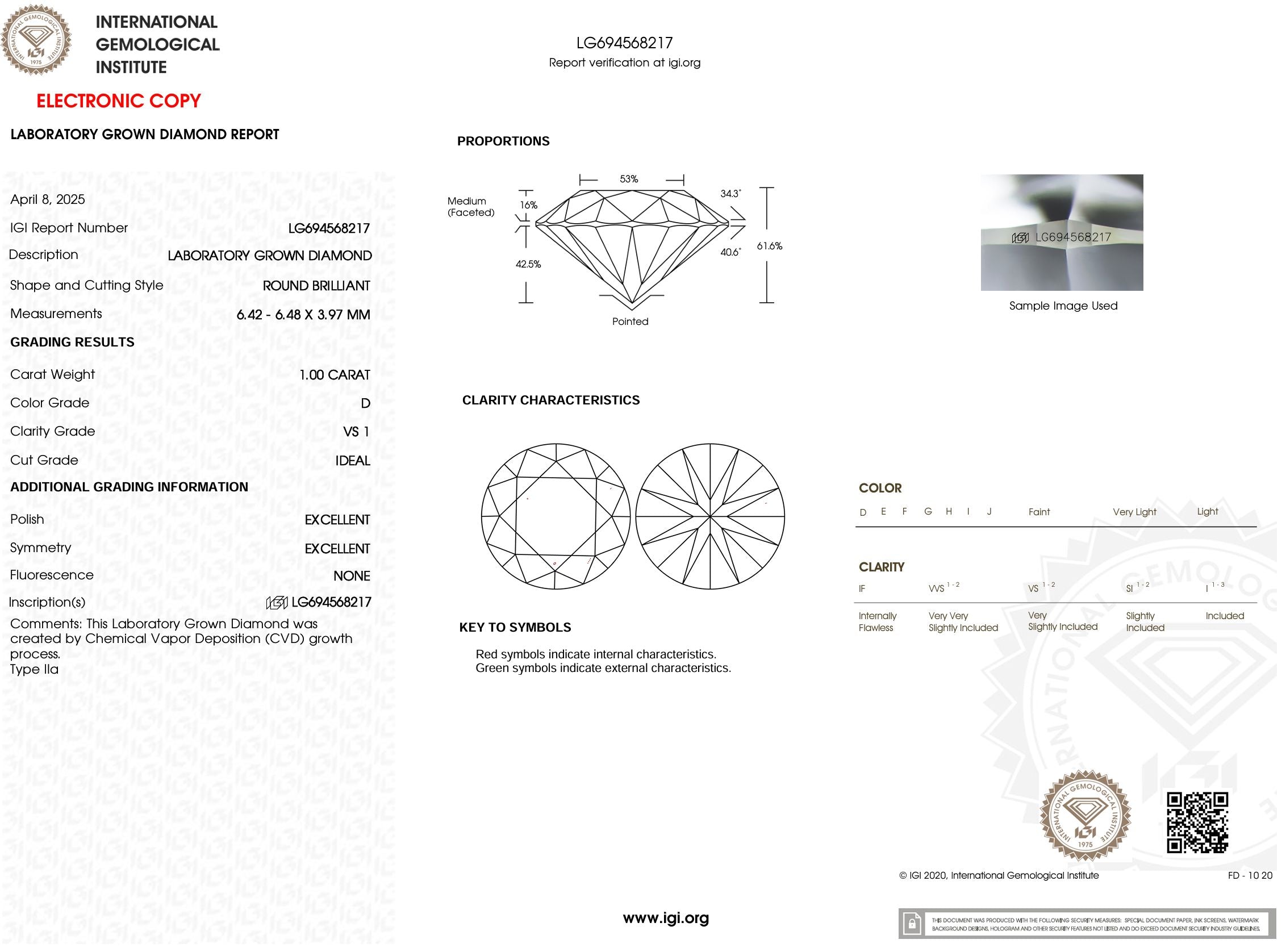 1.00 Carat D-VS1 Round Lab Grown Diamond - IGI (#53900) Loose Diamond Princess Bride Diamonds 