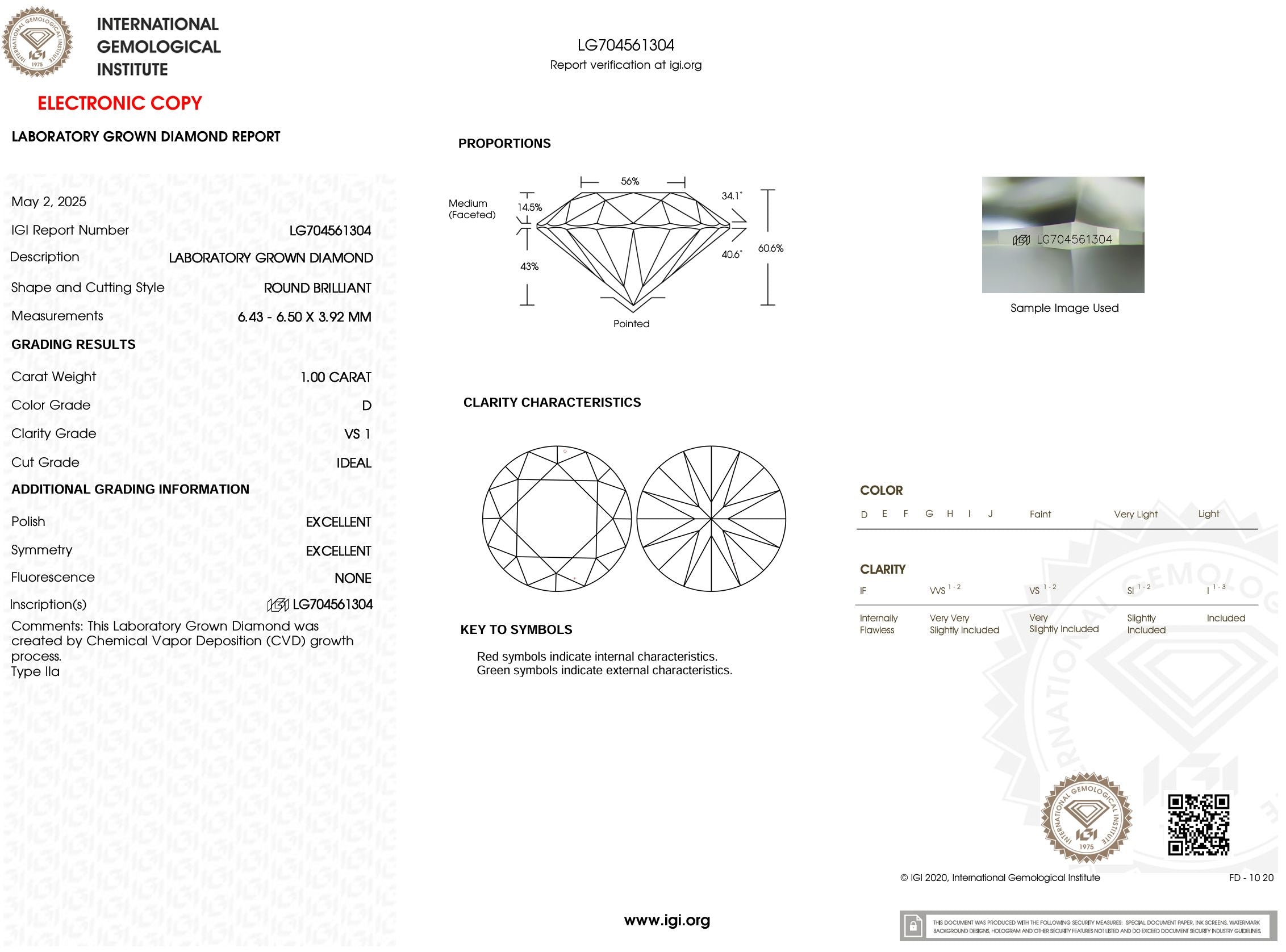1.00 Carat D-VS1 Round Lab Grown Diamond - IGI (#53934) Loose Diamond Princess Bride Diamonds 