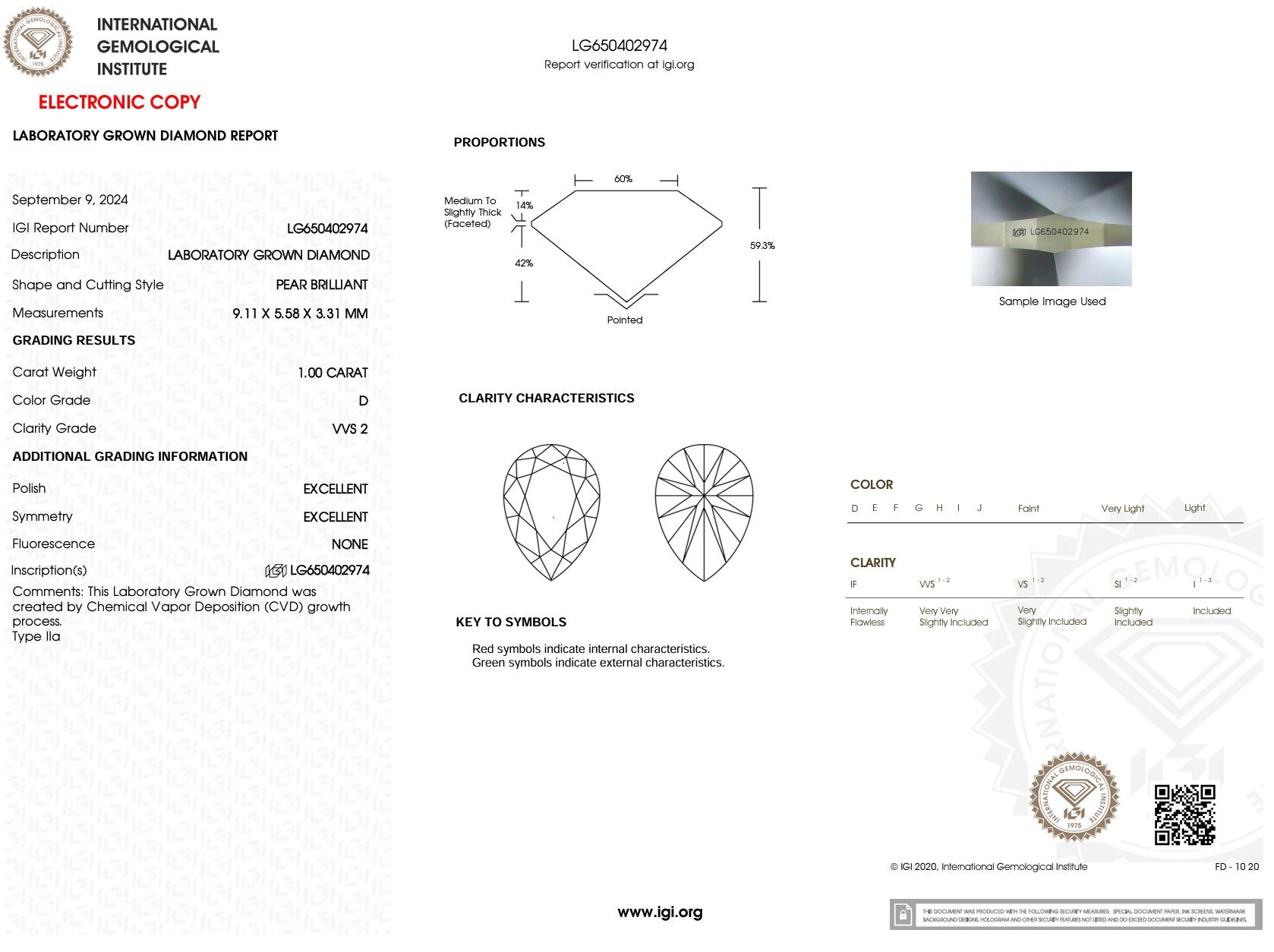 1.00 Carat D-VVS2 Pear Lab Grown Diamond - IGI (#51385) Loose Diamond Princess Bride Diamonds 