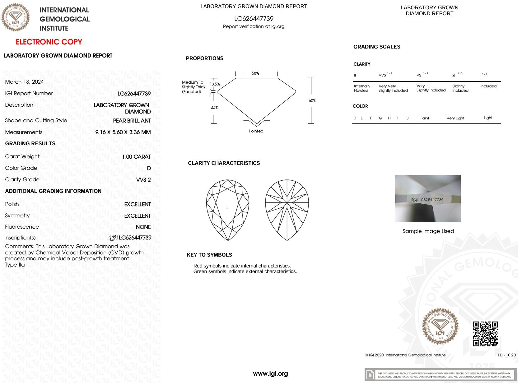 1.00 Carat D-VVS2 Pear Lab Grown Diamond - IGI (#51387) Loose Diamond Princess Bride Diamonds 