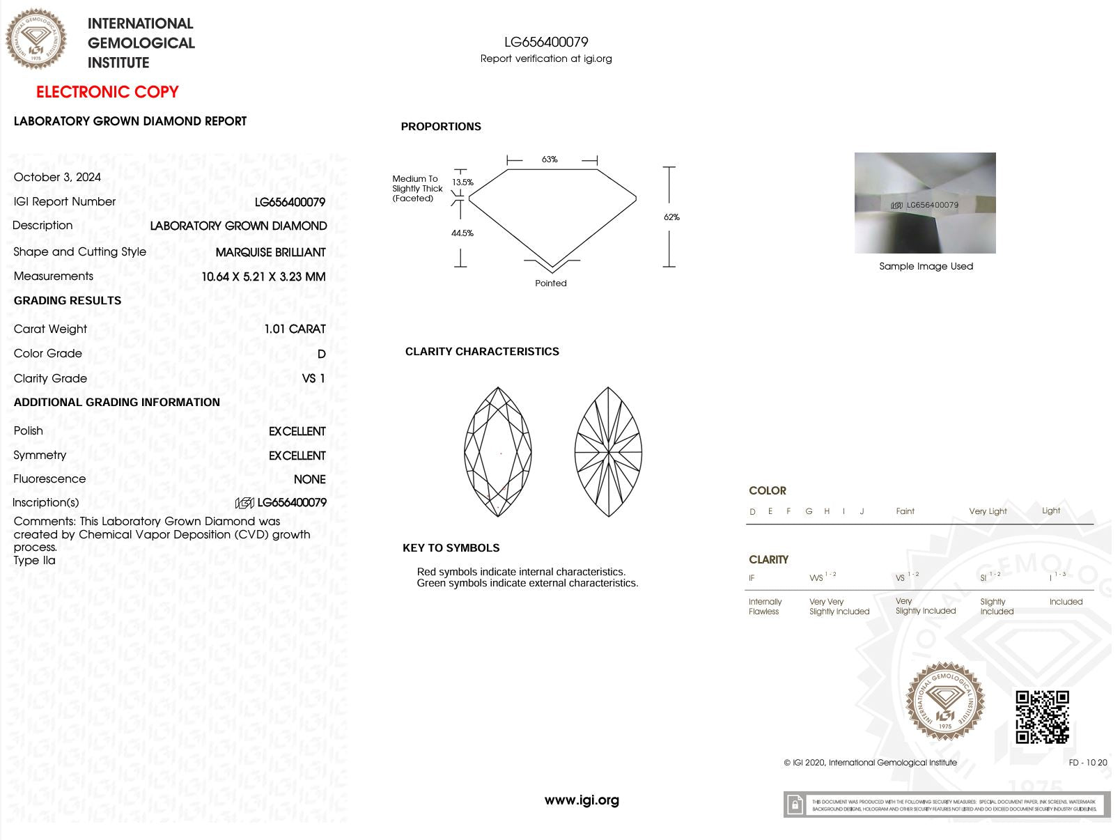 1.01 Carat D-VS1 Marquise Lab Grown Diamond - IGI (#51482) Loose Diamond Princess Bride Diamonds 