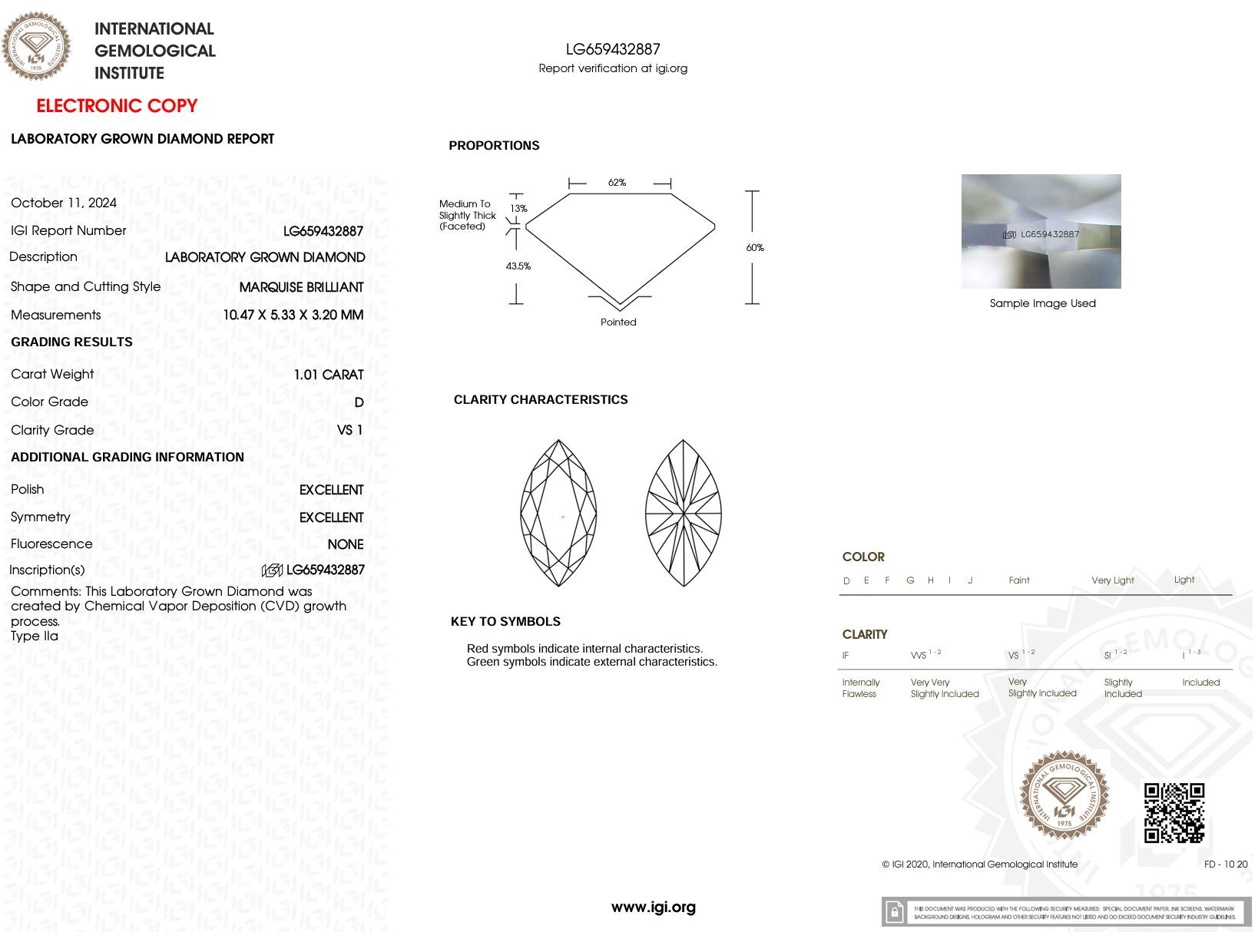 1.01 Carat D-VS1 Marquise Lab Grown Diamond - IGI (#51641) Loose Diamond Princess Bride Diamonds 