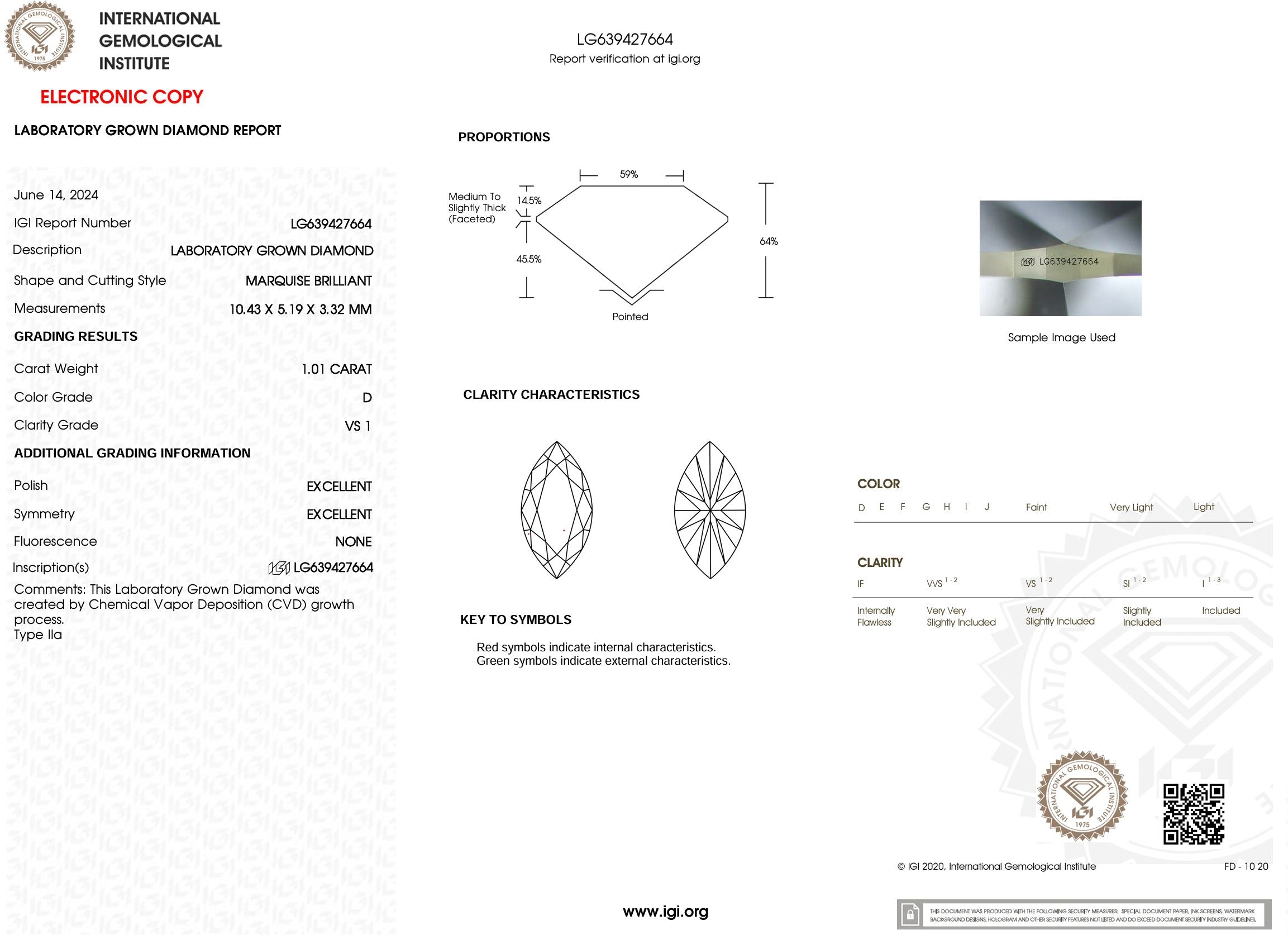 1.01 Carat D-VS1 Marquise Lab Grown Diamond - IGI (#53592) Loose Diamond Princess Bride Diamonds 