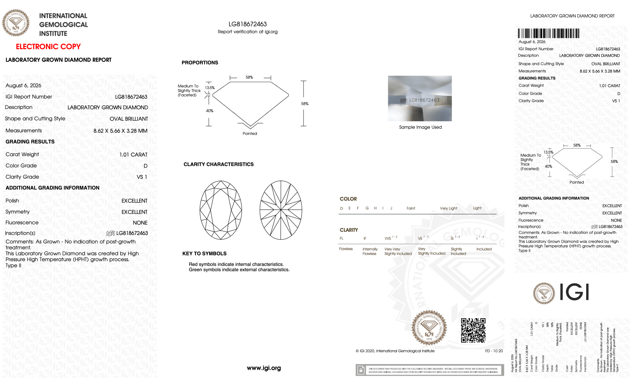 1.01 Carat D-VS1 Oval Lab Grown Diamond - IGI (128180) - PBD Loose Diamond