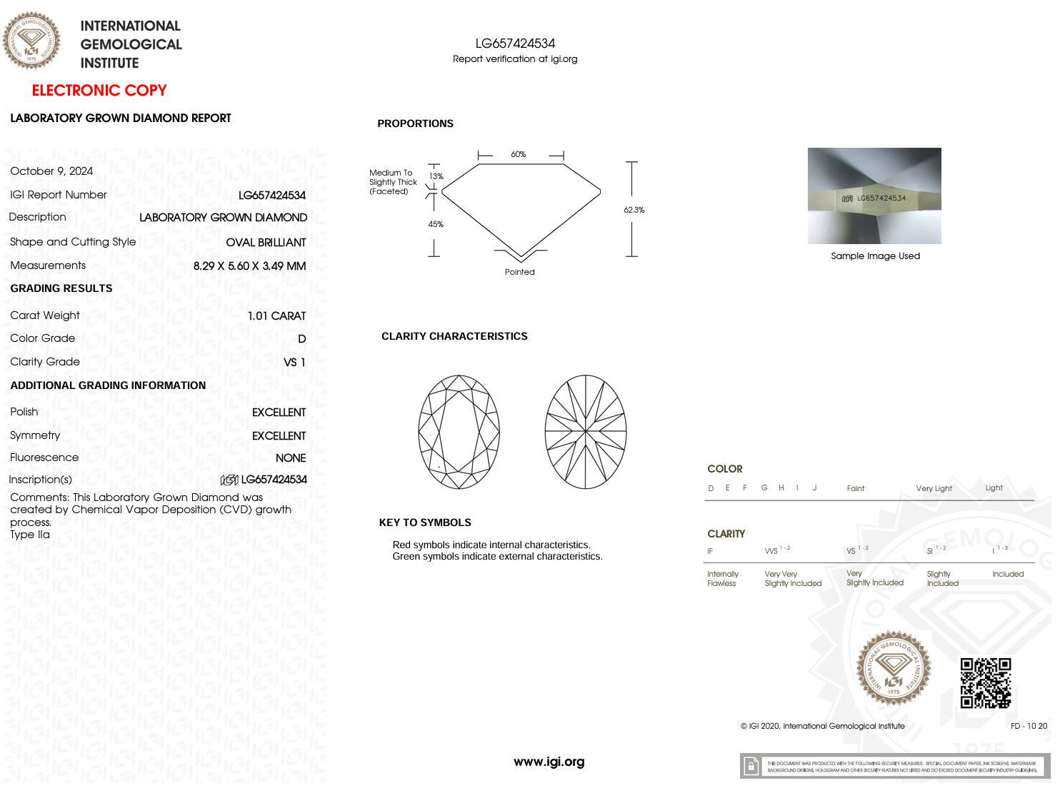 1.01 Carat D-VS1 Oval Lab Grown Diamond - IGI (#51670) Loose Diamond Princess Bride Diamonds 