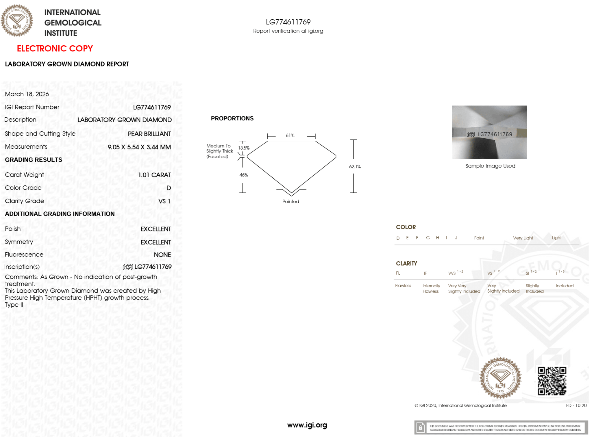 1.01 Carat D - VS1 Pear Lab Grown Diamond - IGI (126012) - PBD Loose Diamond
