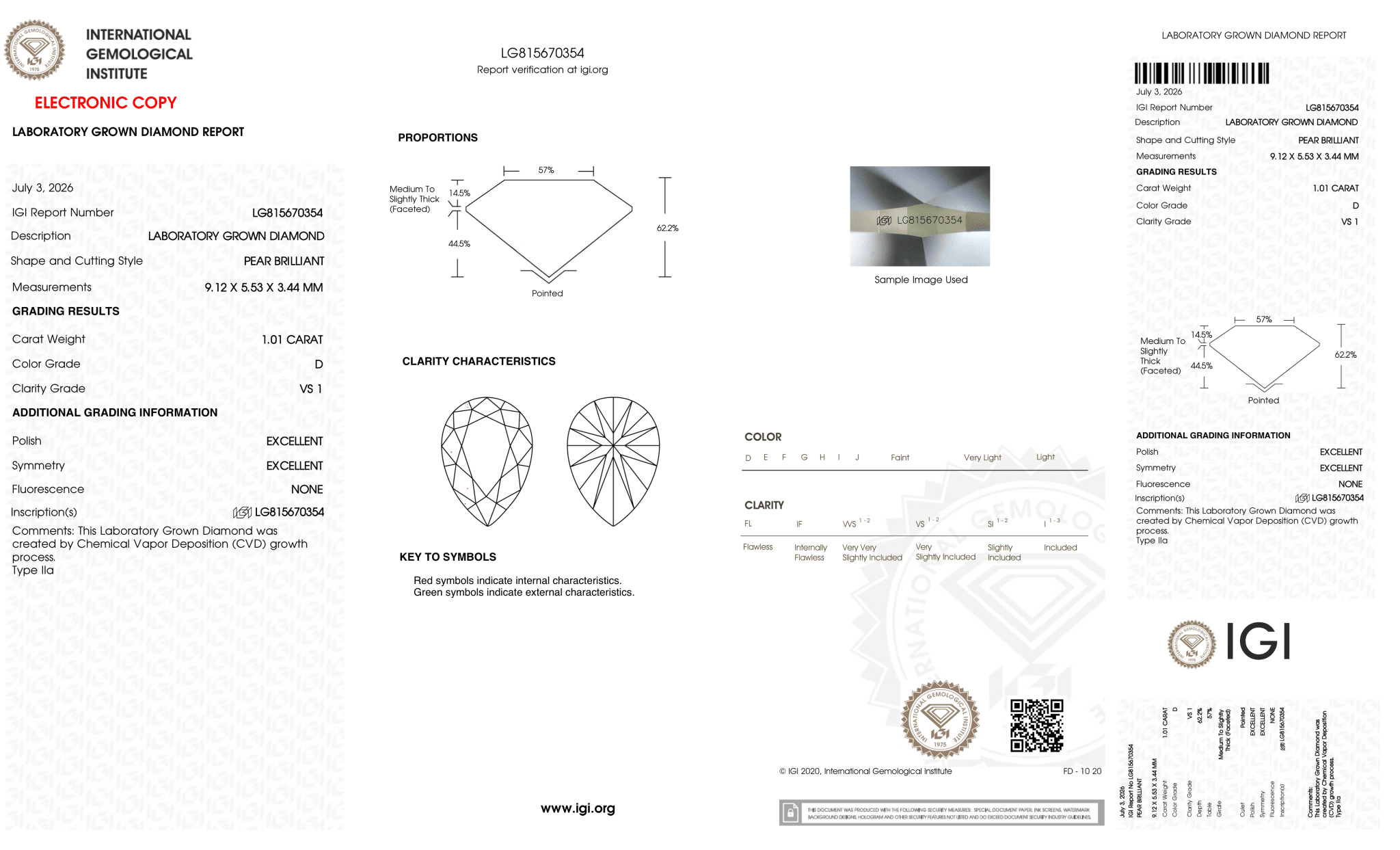 1.01 Carat D-VS1 Pear Lab Grown Diamond - IGI (127420) - PBD Loose Diamond