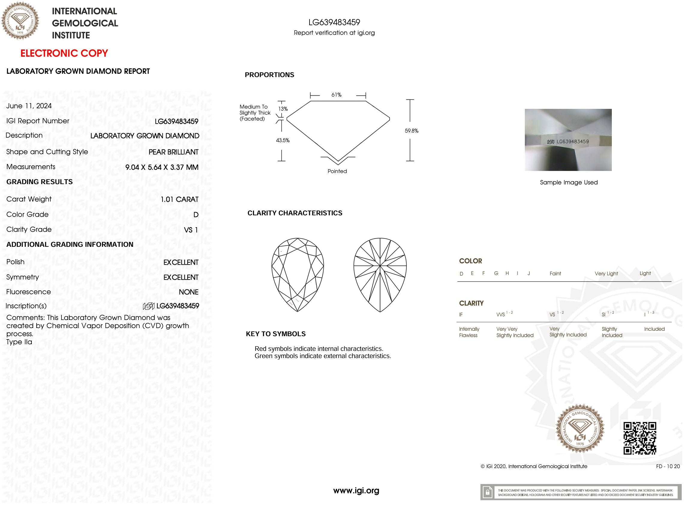 1.01 Carat D-VS1 Pear Lab Grown Diamond - IGI (#53586) Loose Diamond Princess Bride Diamonds 
