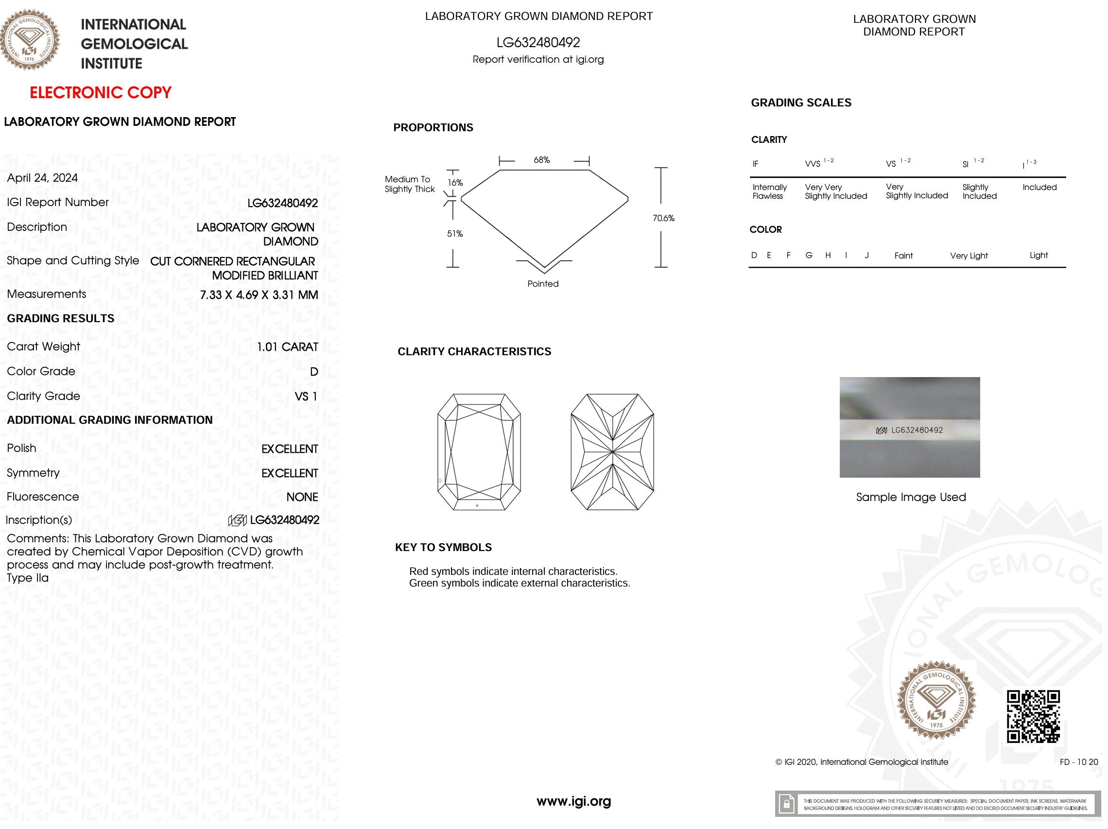 1.01 Carat D-VS1 Radiant Lab Grown Diamond - IGI (#52006) Loose Diamond Princess Bride Diamonds 