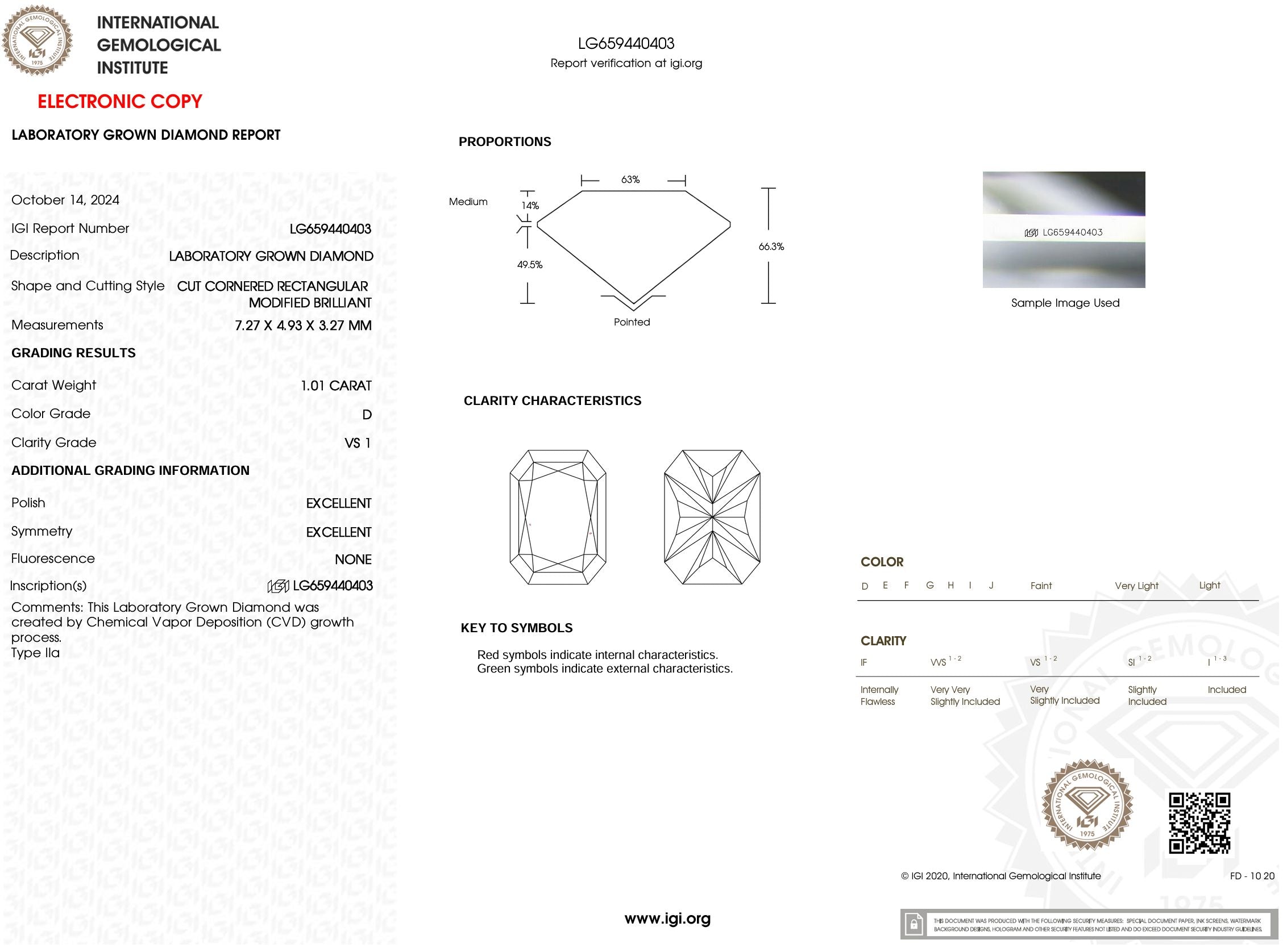 1.01 Carat D-VS1 Radiant Lab Grown Diamond - IGI (#53898) Loose Diamond Princess Bride Diamonds 