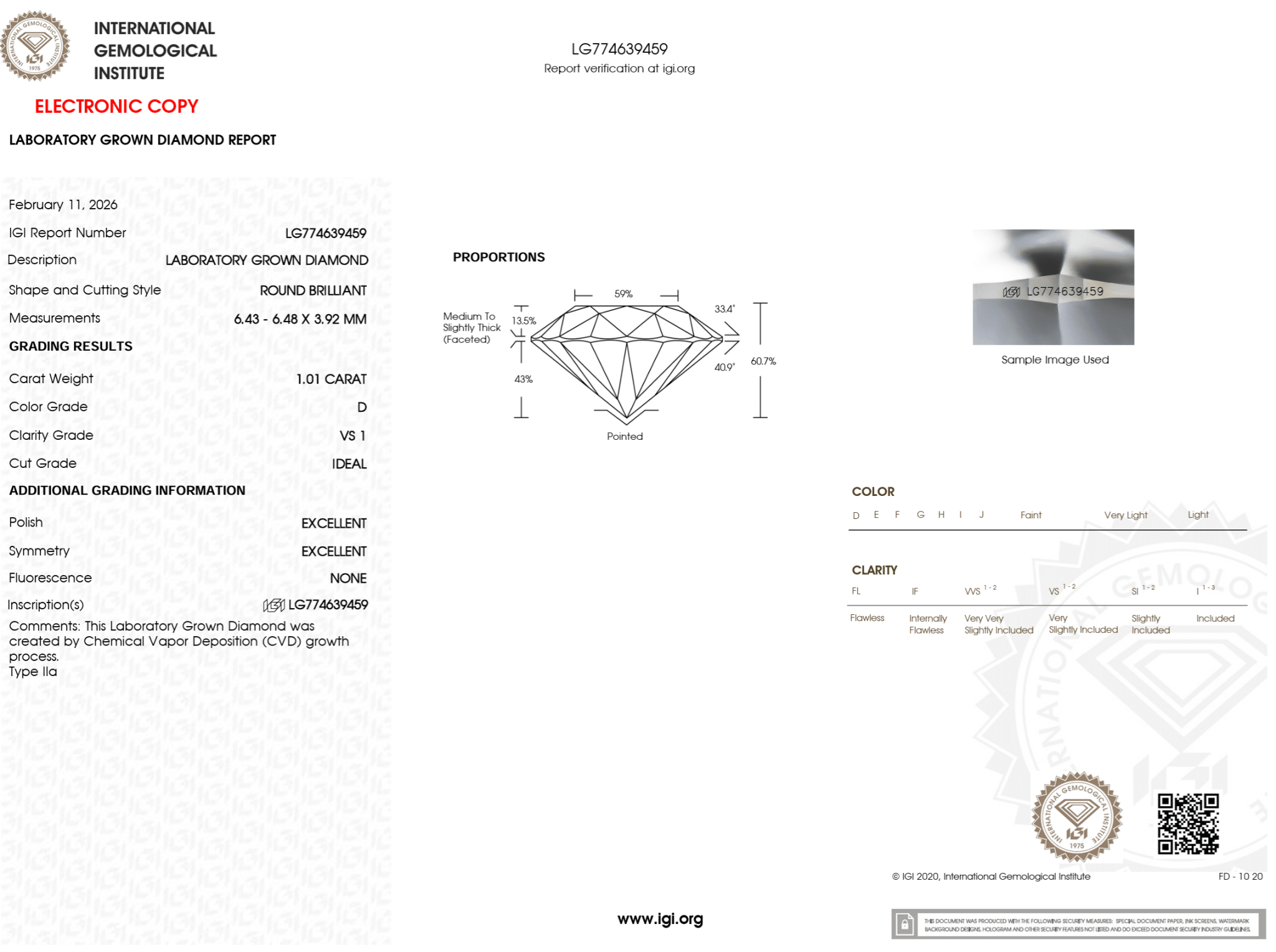 1.01 Carat D - VS1 Round Lab Grown Diamond - IGI (125032) - PBD Loose Diamond